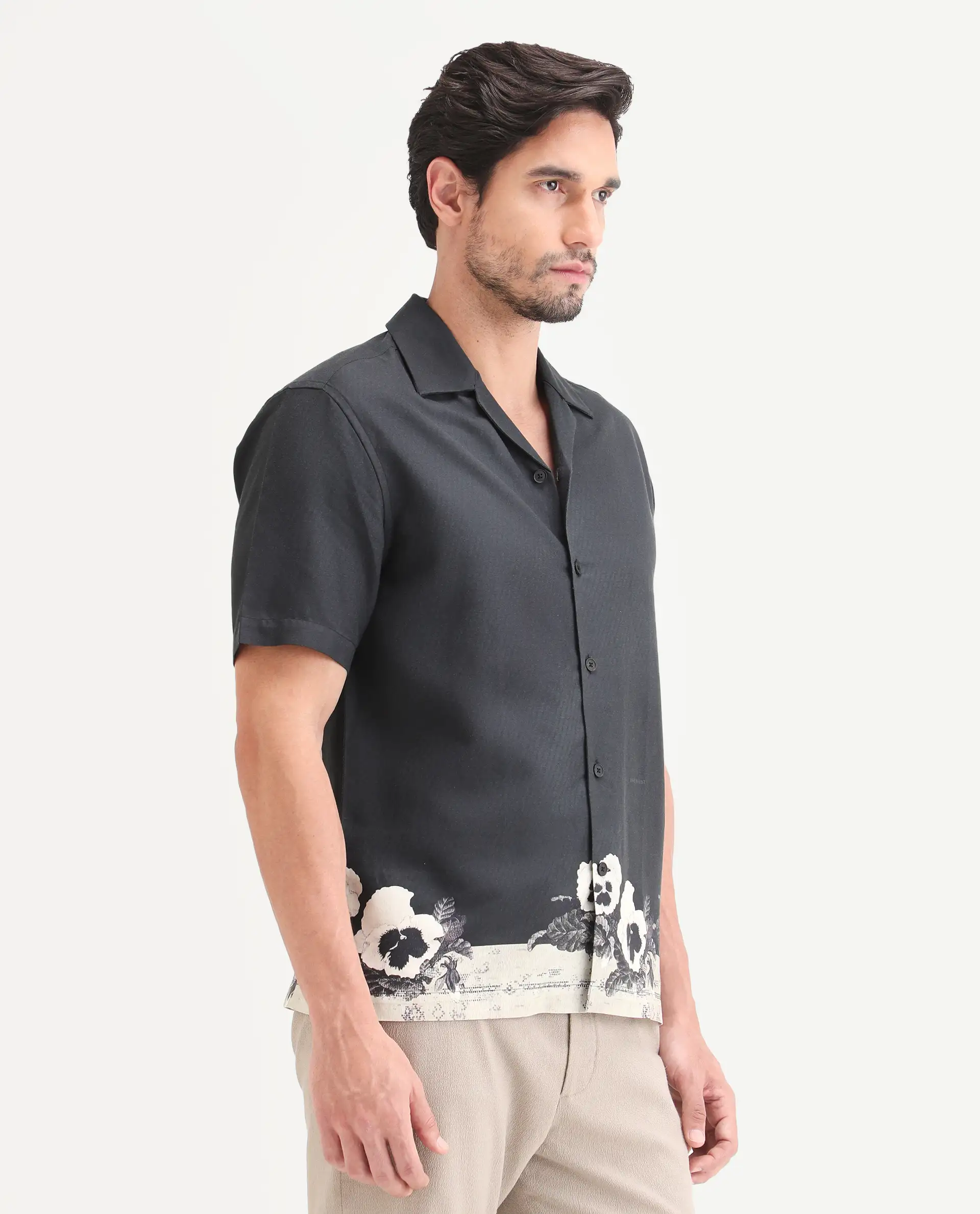 Rare Rabbit Men's Aqel Black Cotton Blend Fabric Half Sleeve Cuban Collar Regular Fit Floral Print Shirt - Image 4