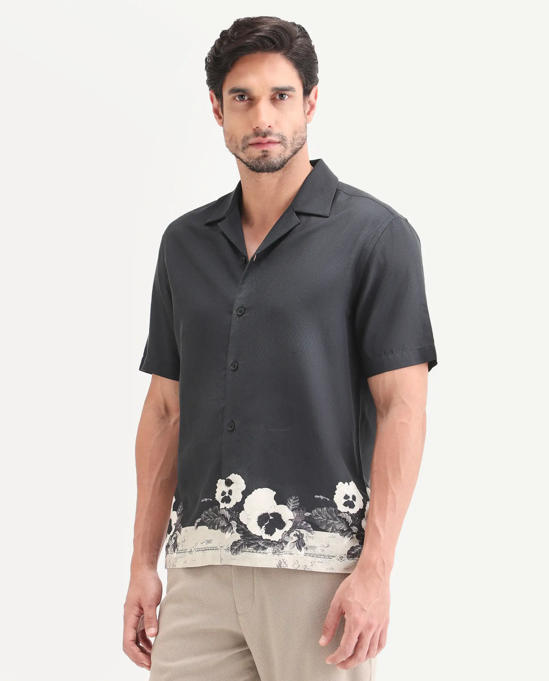 Rare Rabbit Men's Aqel Black Cotton Blend Fabric Half Sleeve Cuban Collar Regular Fit Floral Print Shirt - Image 5