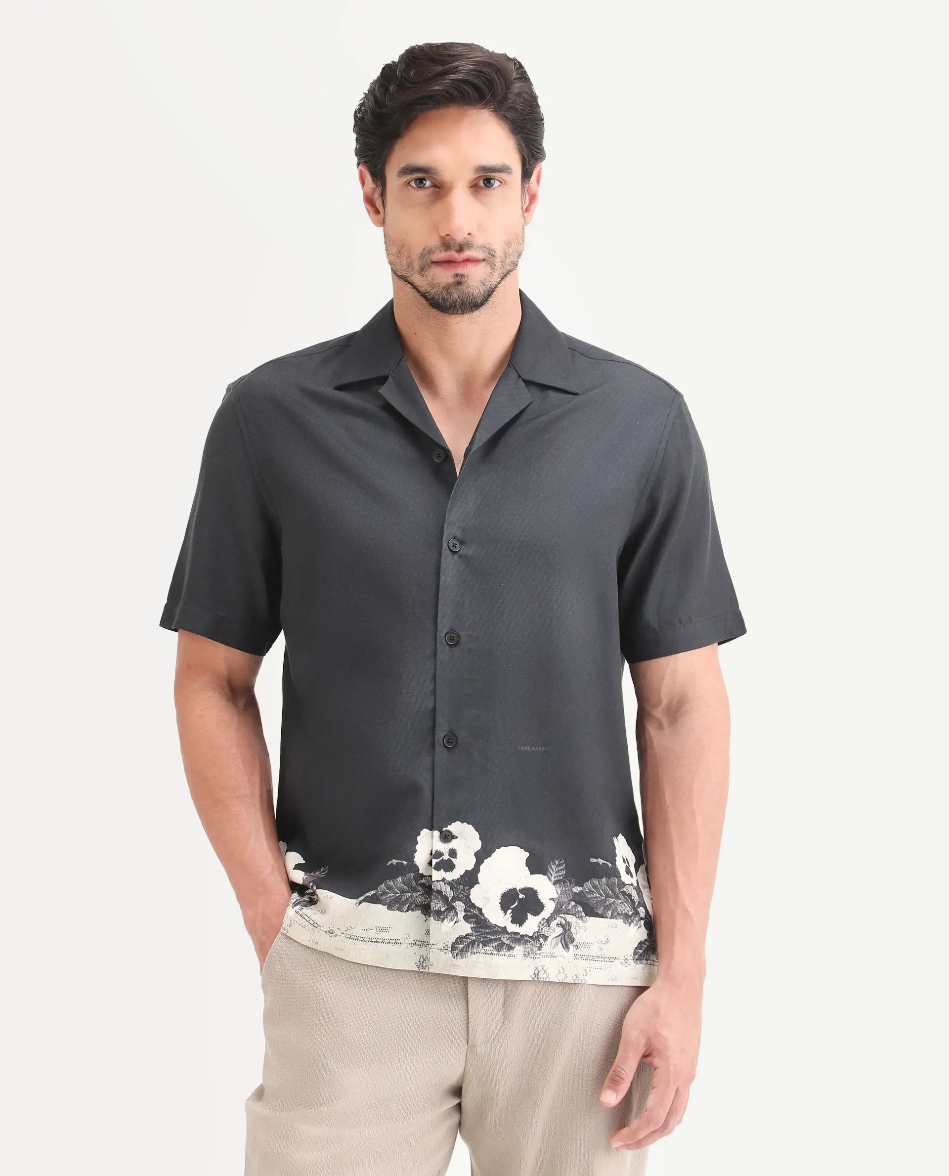Rare Rabbit Men's Aqel Black Cotton Blend Fabric Half Sleeve Cuban Collar Regular Fit Floral Print Shirt - Image 7