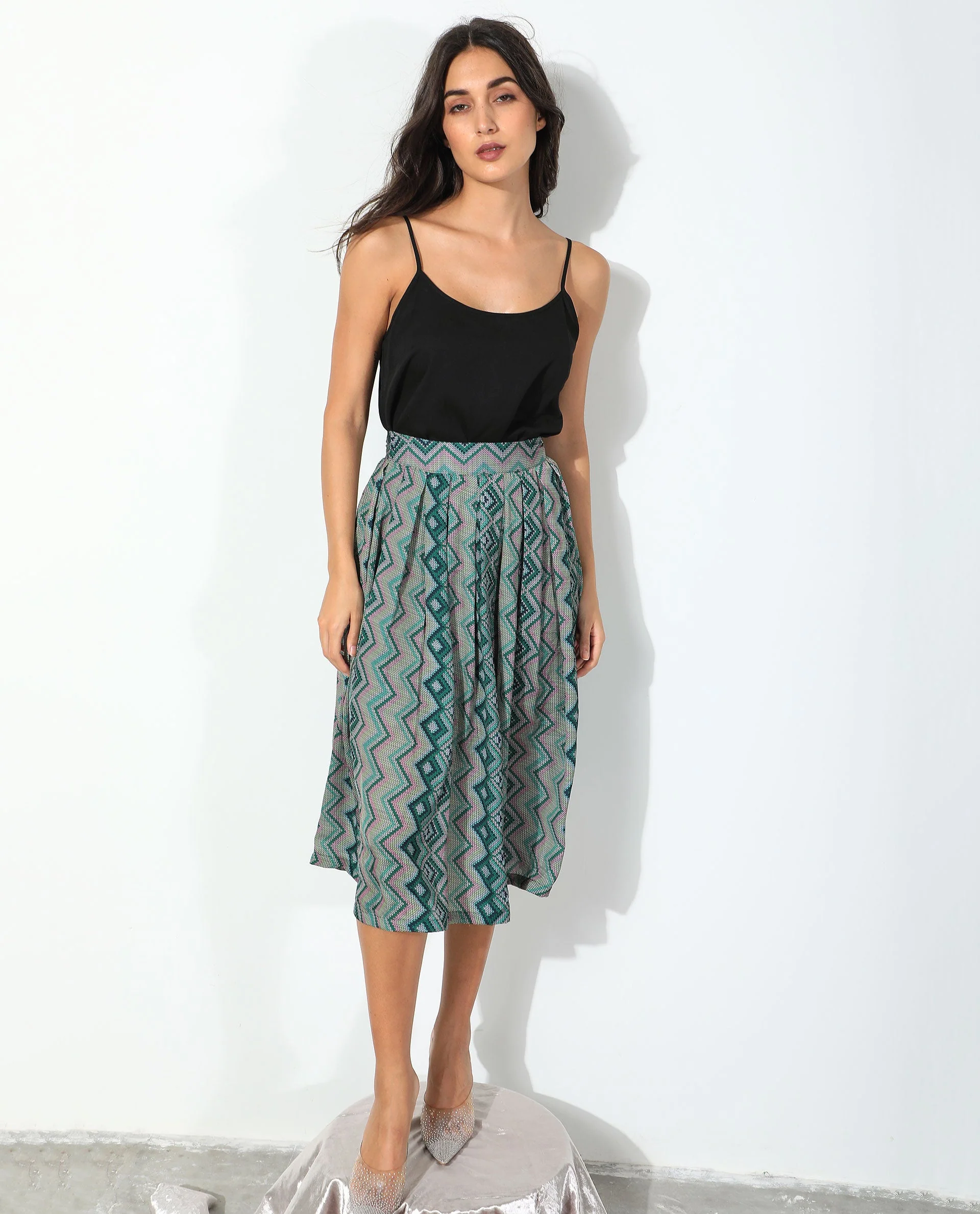 Rareism Women's Arabella Green Polyester Geometric Print Knee Length Regular Fit Skirt - Image 7
