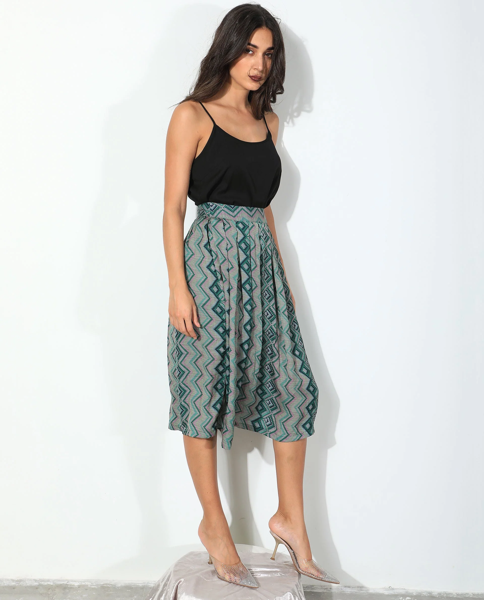 Rareism Women's Arabella Green Polyester Geometric Print Knee Length Regular Fit Skirt - Image 9