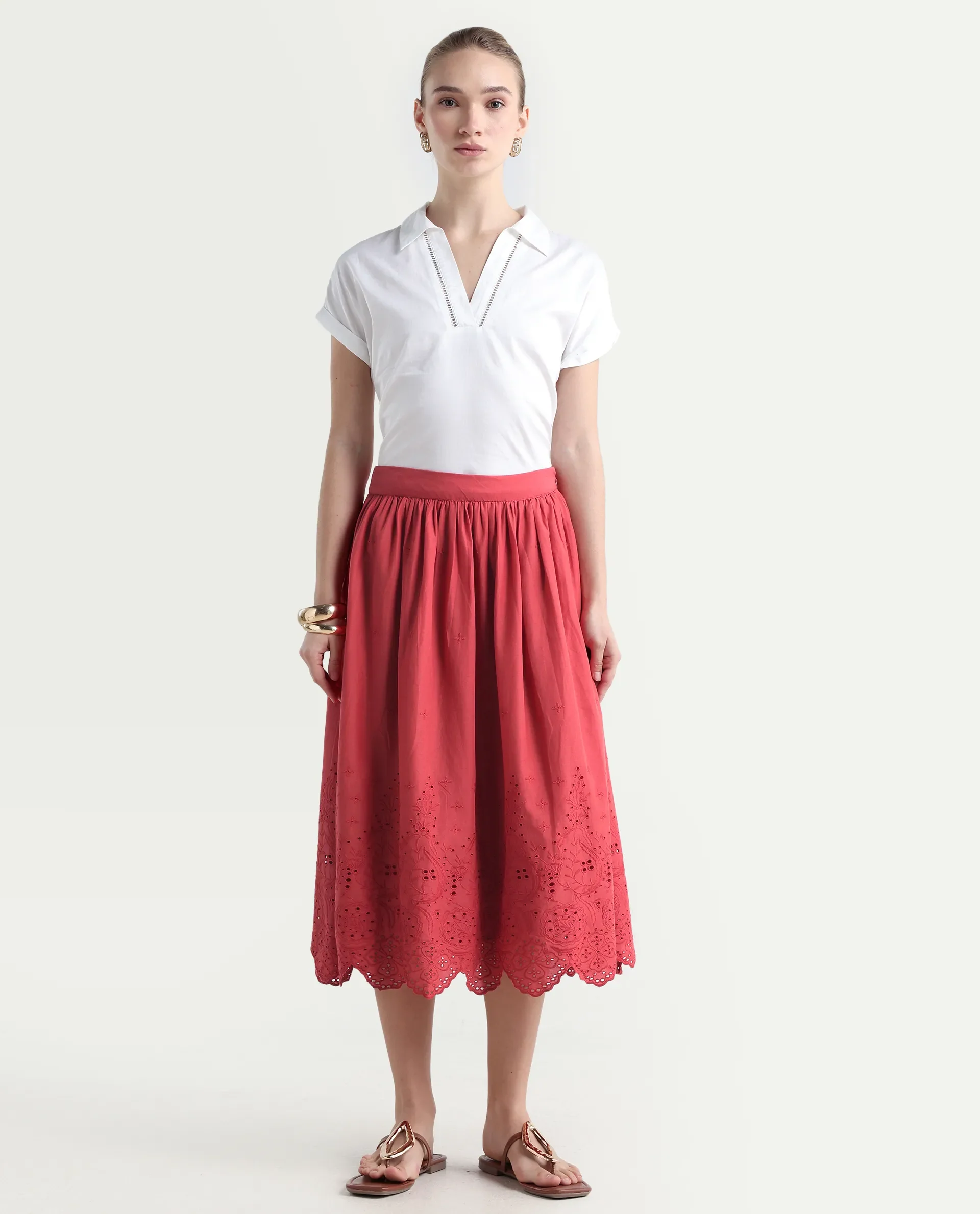 Rareism Women's Aracil Rust Cotton Plain Ankle Length Regular Fit Skirt - Image 2