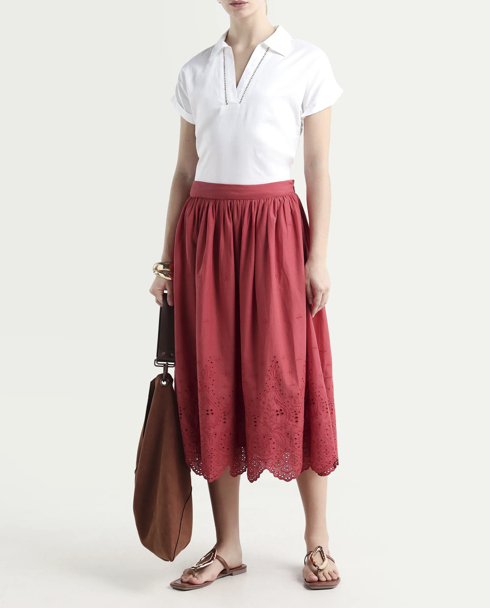 Rareism Women's Aracil Rust Cotton Plain Ankle Length Regular Fit Skirt - Image 3