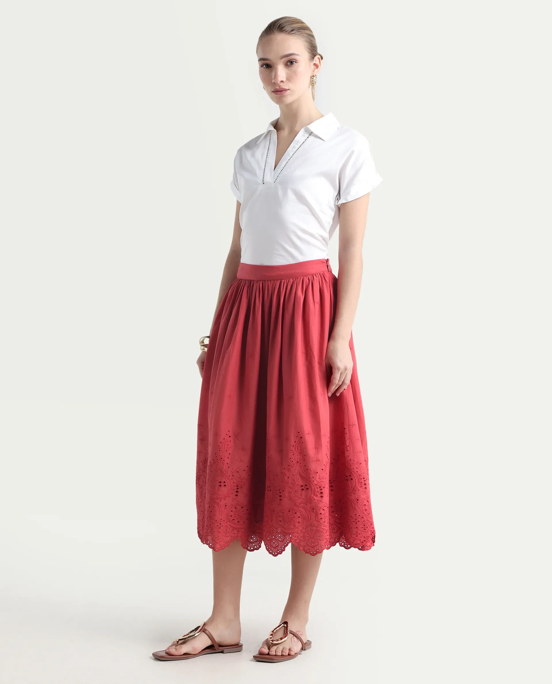 Rareism Women's Aracil Rust Cotton Plain Ankle Length Regular Fit Skirt - Image 5