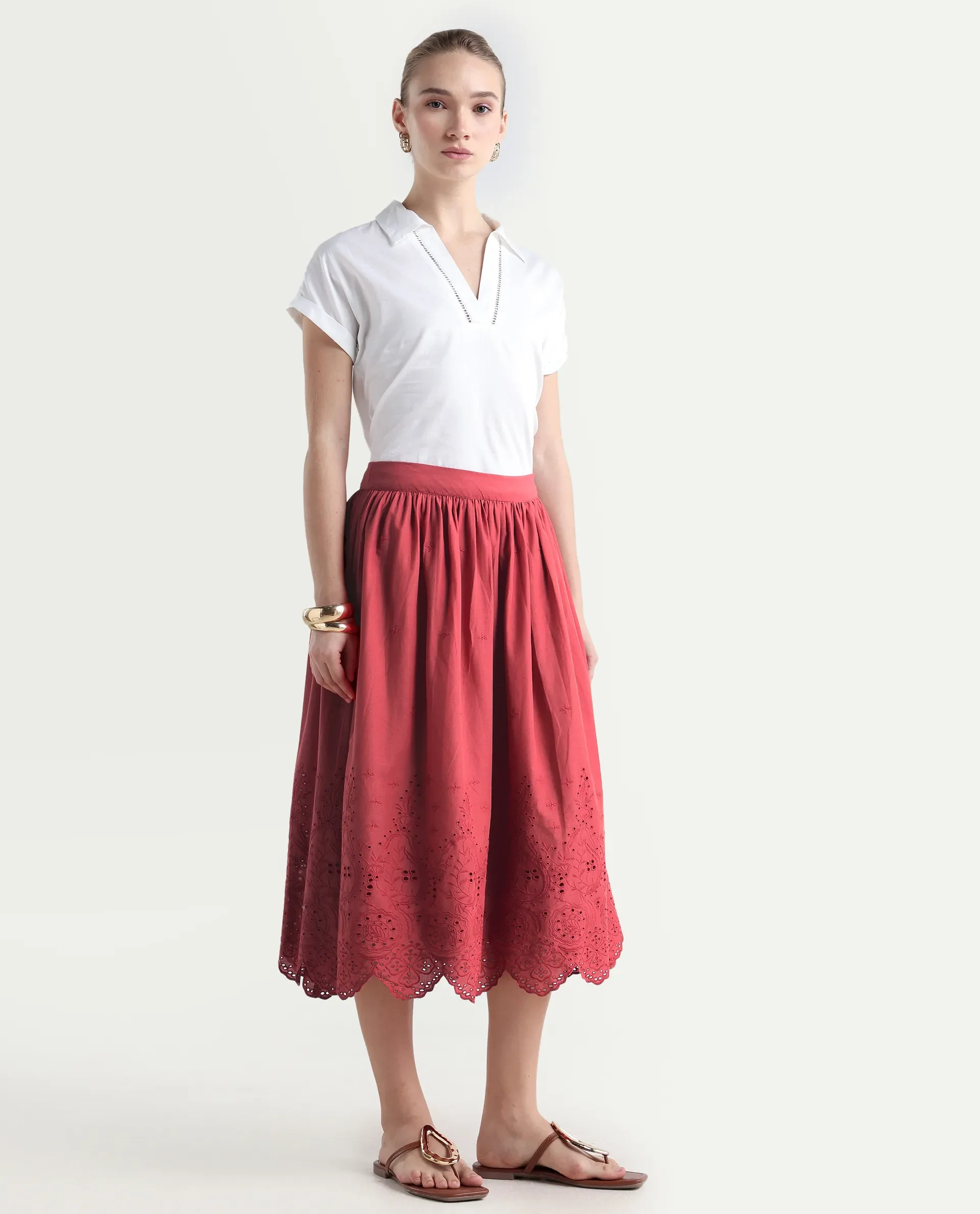 Rareism Women's Aracil Rust Cotton Plain Ankle Length Regular Fit Skirt - Image 6