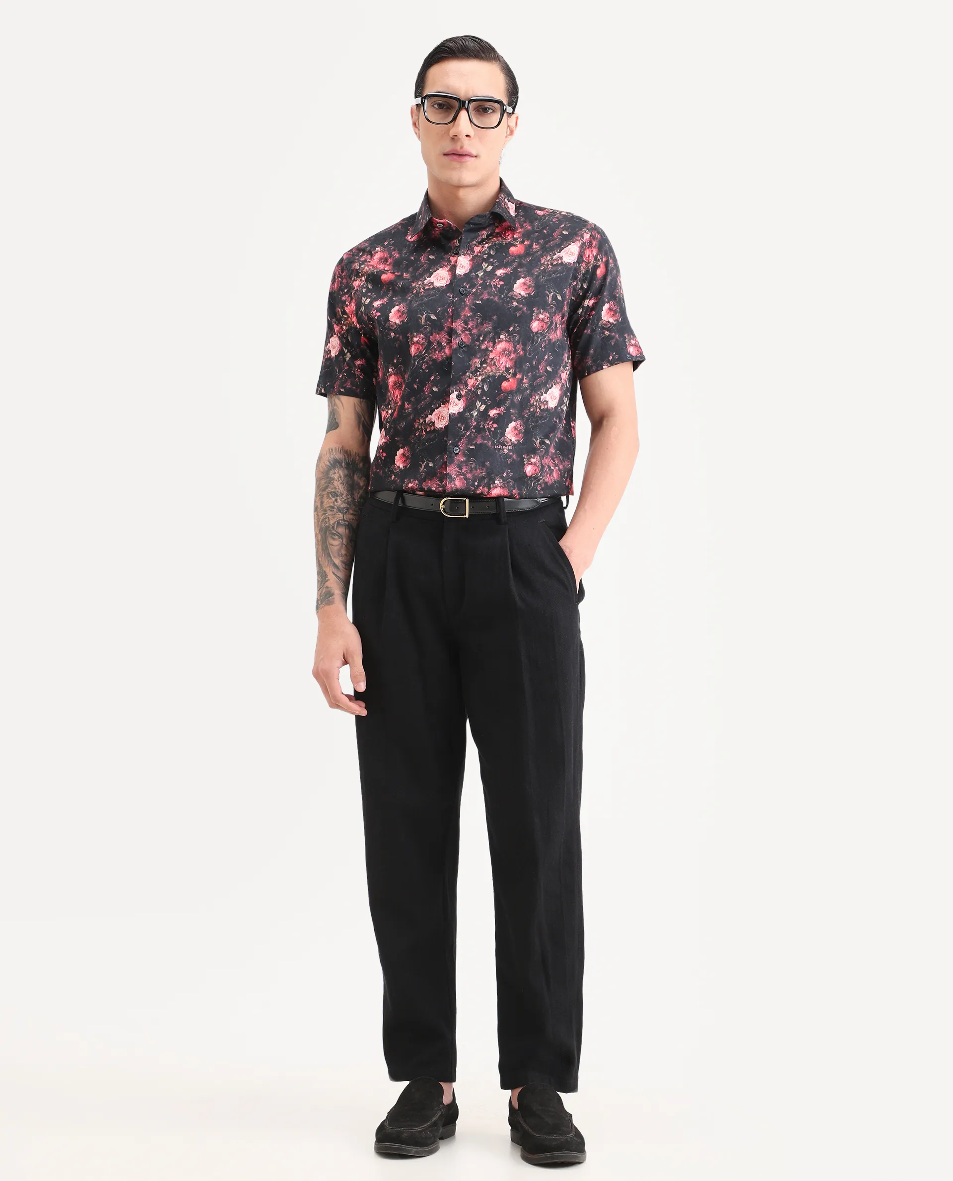Rare Rabbit Men's Aranger Black Cotton Fabric Half Sleeve Spread Collar Regular Fit Floral Print Shirt - Image 2