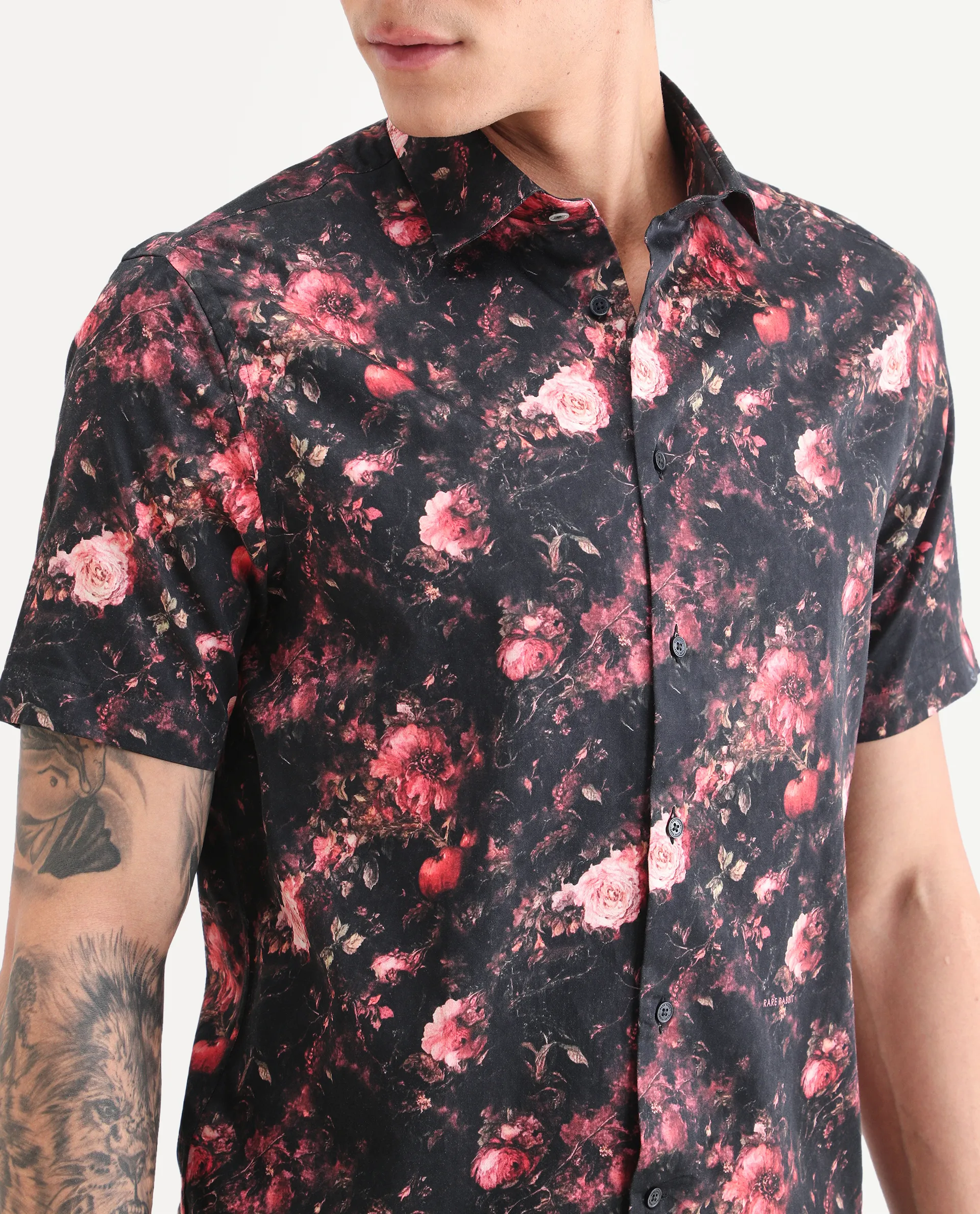 Rare Rabbit Men's Aranger Black Cotton Fabric Half Sleeve Spread Collar Regular Fit Floral Print Shirt - Image 3