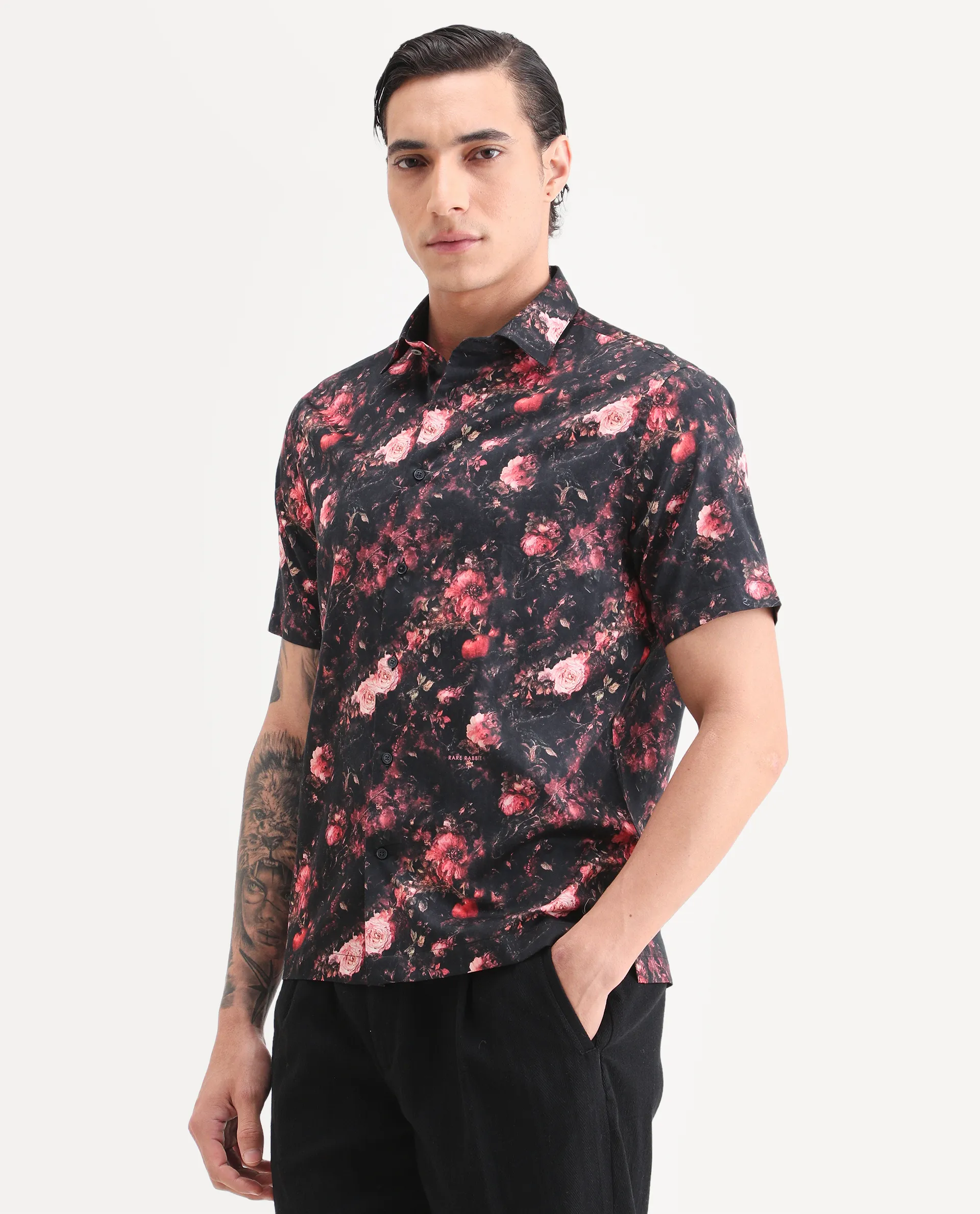 Rare Rabbit Men's Aranger Black Cotton Fabric Half Sleeve Spread Collar Regular Fit Floral Print Shirt - Image 4