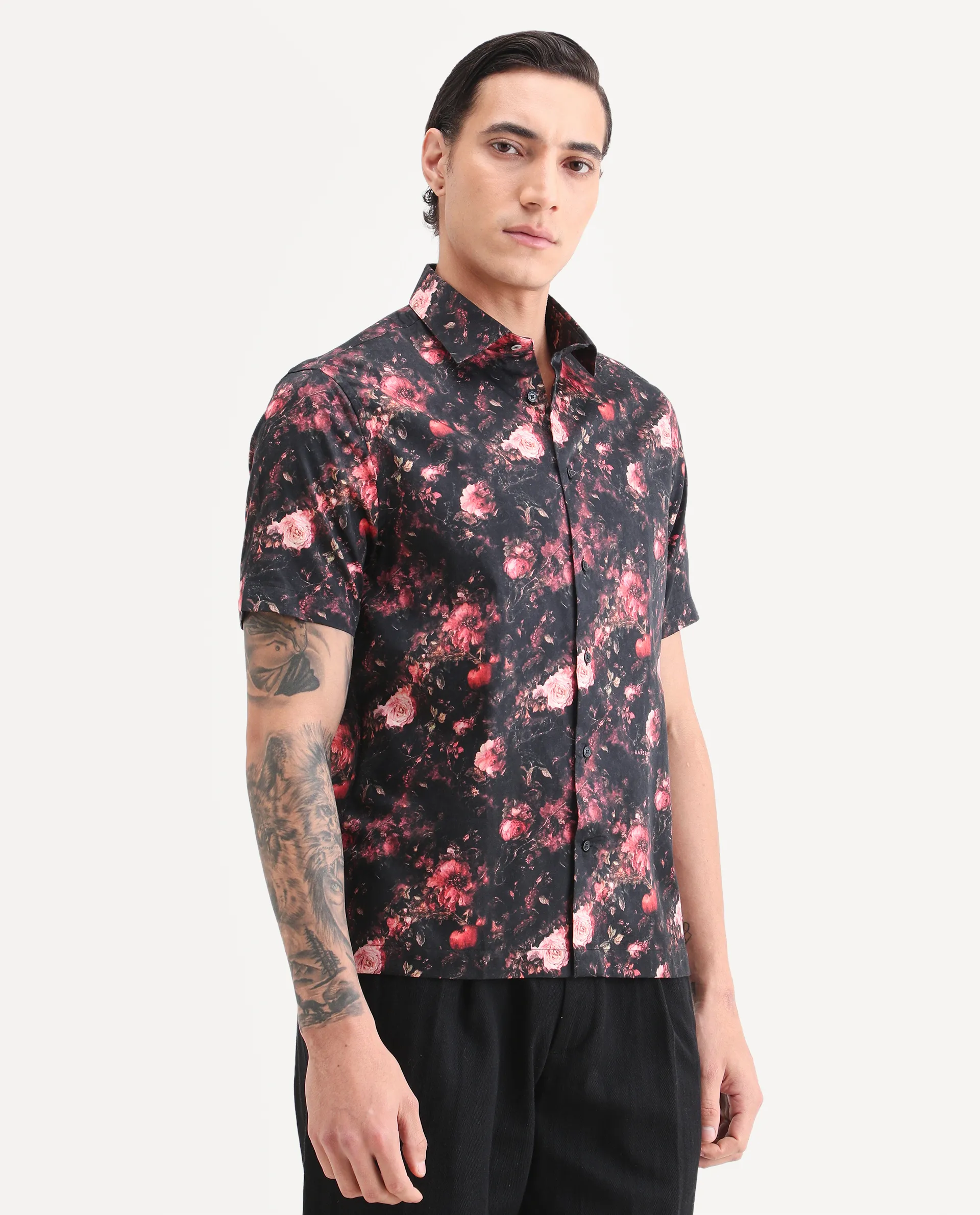 Rare Rabbit Men's Aranger Black Cotton Fabric Half Sleeve Spread Collar Regular Fit Floral Print Shirt - Image 5