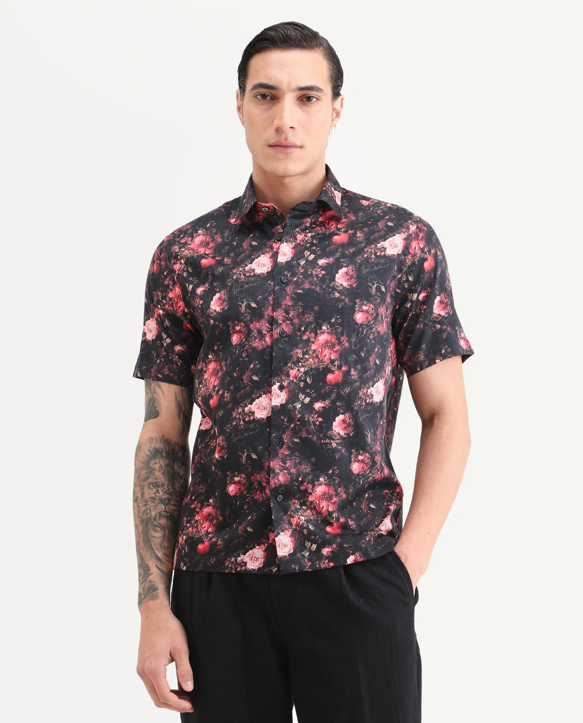 Rare Rabbit Men's Aranger Black Cotton Fabric Half Sleeve Spread Collar Regular Fit Floral Print Shirt - Image 6