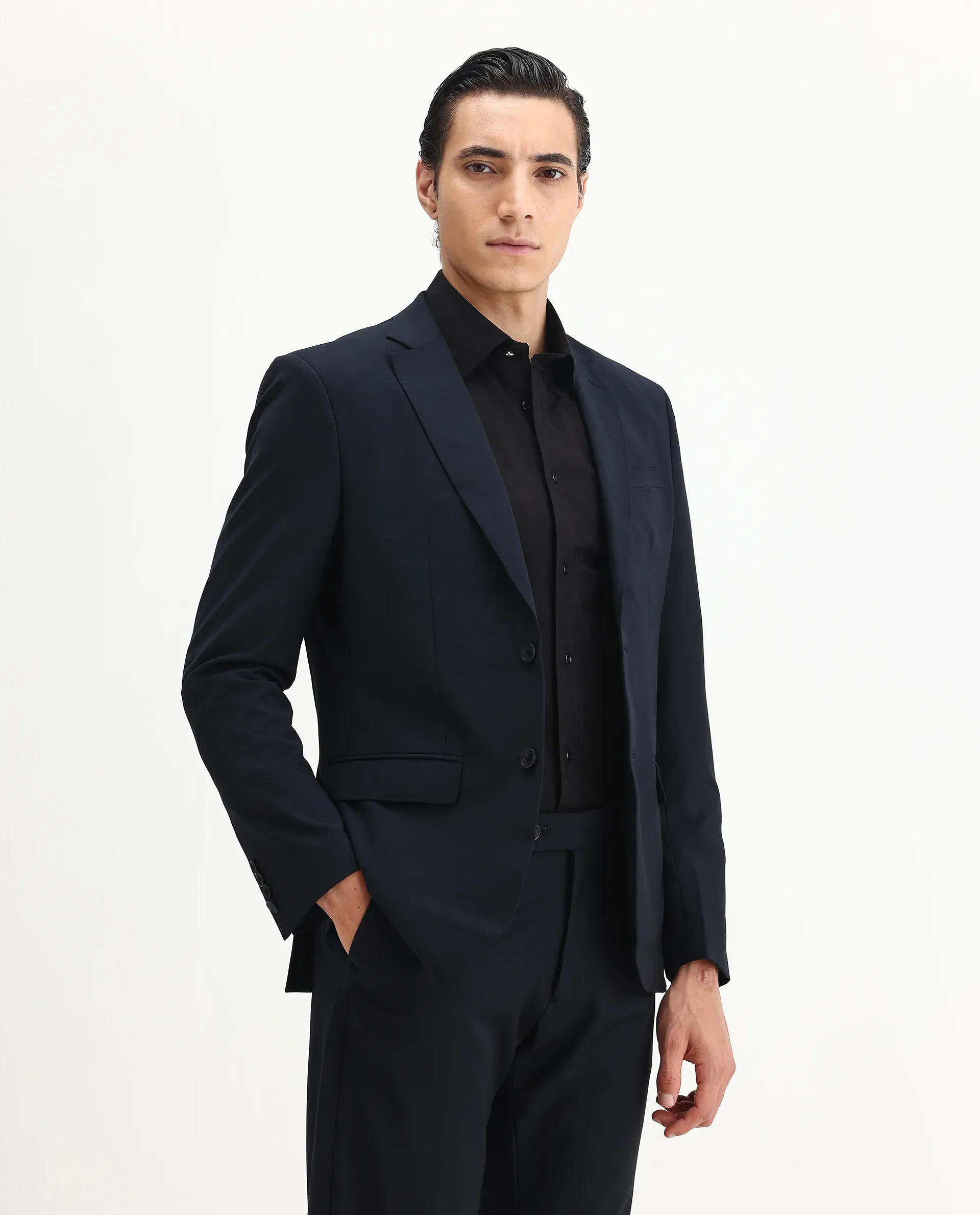Rare Rabbit Men's Arbo-B Navy Cotton Plain Slim Fit Full Sleeve Lapel Neck Suits - Image 11