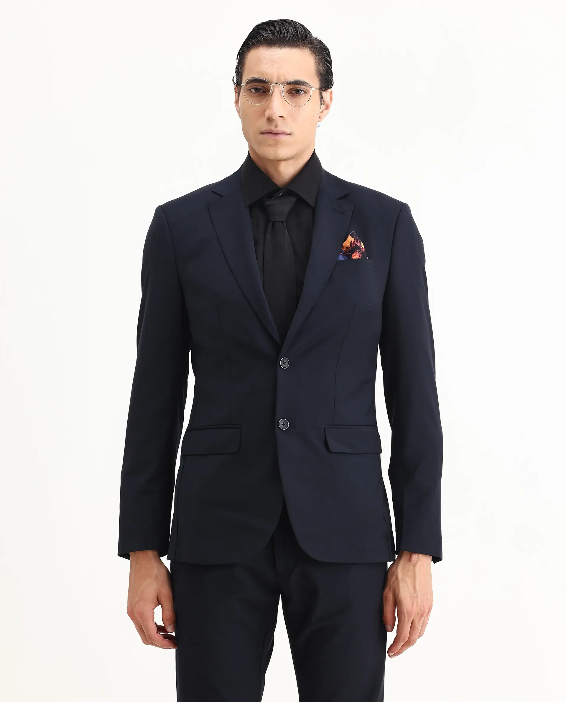 Rare Rabbit Men's Arbo-B Navy Cotton Plain Slim Fit Full Sleeve Lapel Neck Suits - Image 2