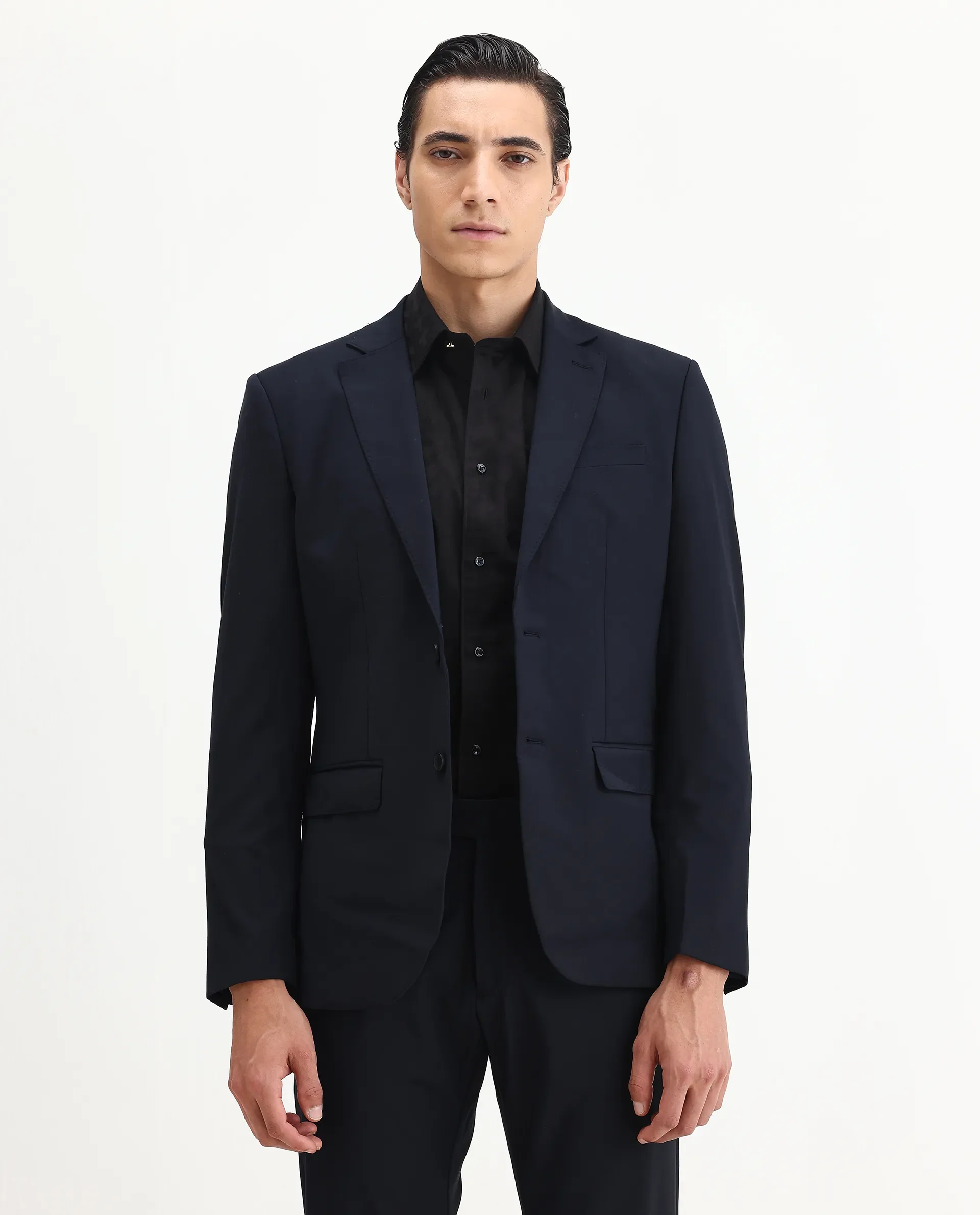 Rare Rabbit Men's Arbo-B Navy Cotton Plain Slim Fit Full Sleeve Lapel Neck Suits - Image 9