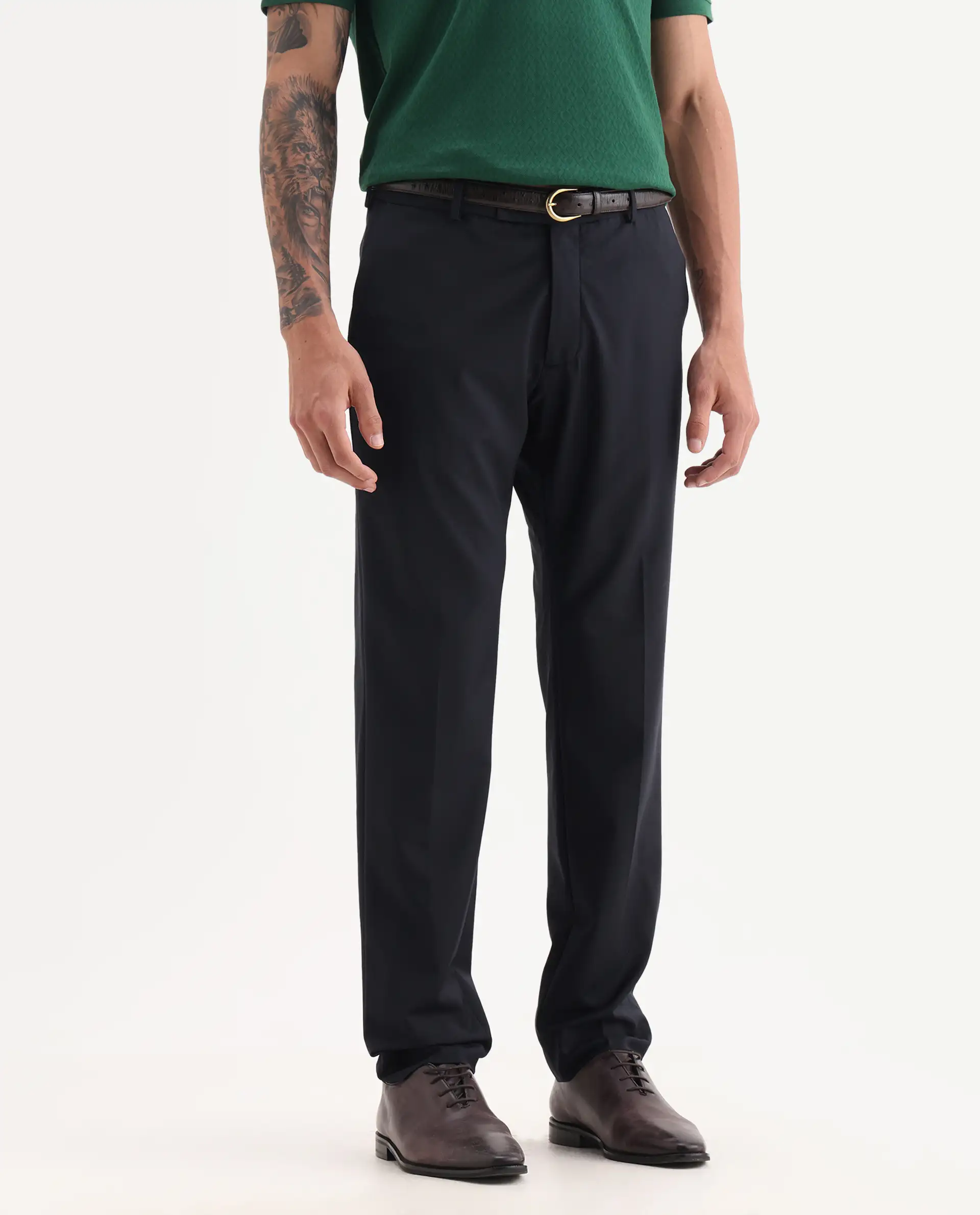 Rare Rabbit Men's Arbo Navy Wool Plain Regular Fit Trouser - Image 2