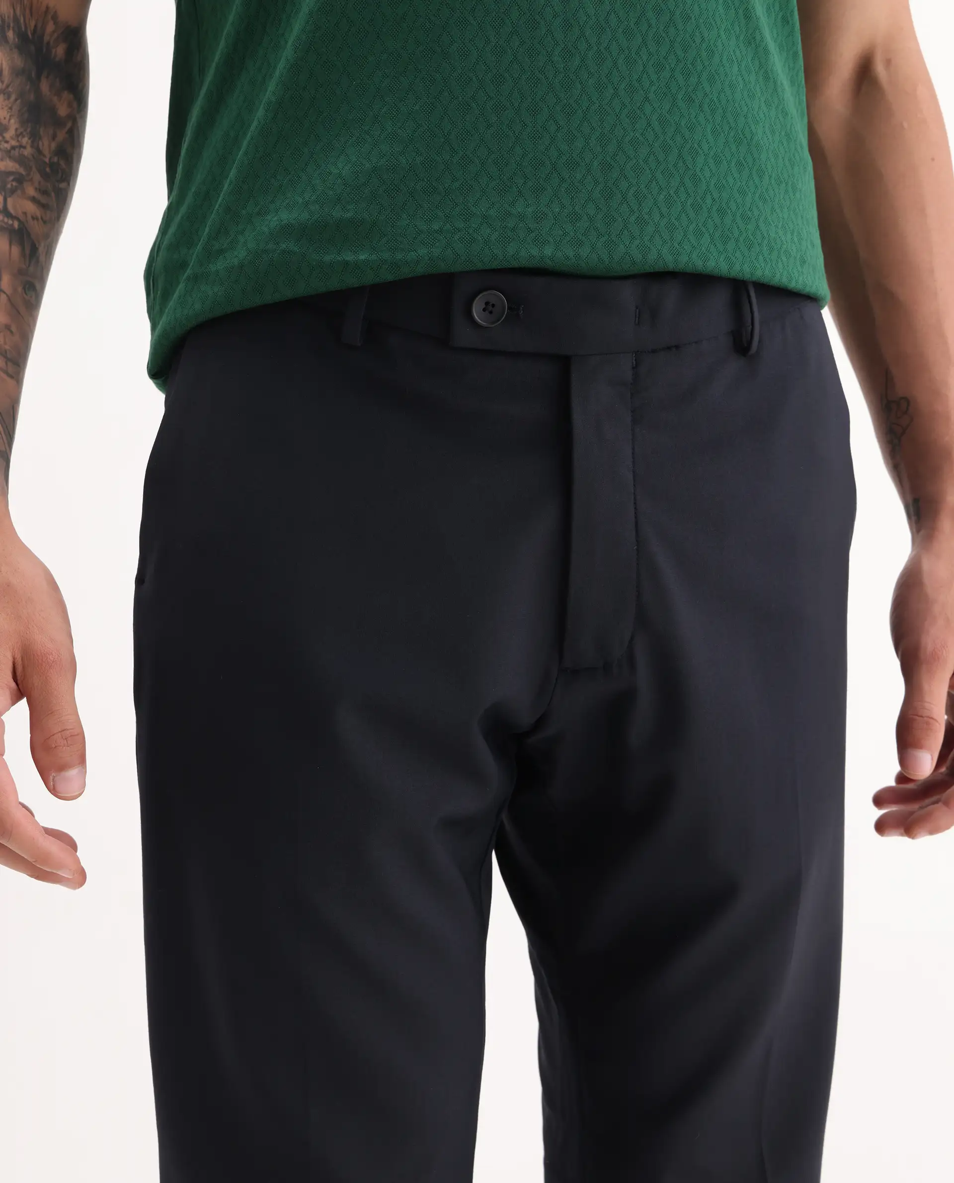 Rare Rabbit Men's Arbo Navy Wool Plain Regular Fit Trouser - Image 3
