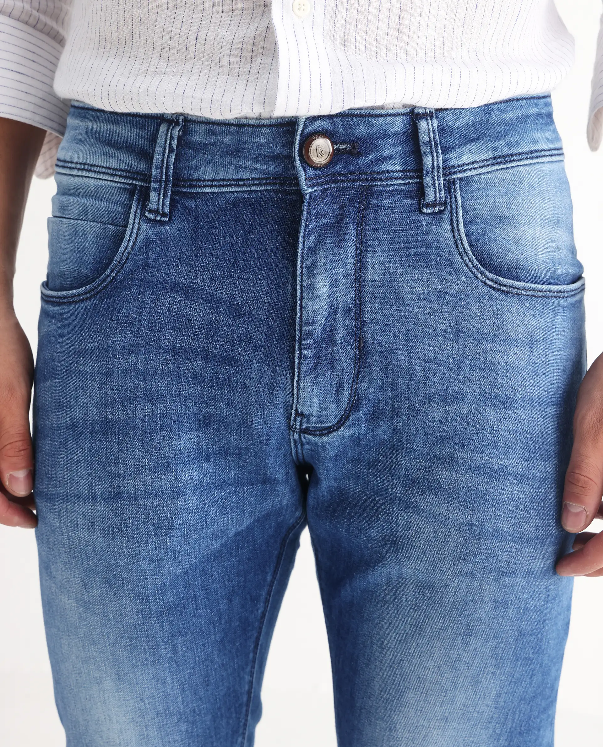 Rare Rabbit Men's Arbok Blue Cotton Plain Hawk Slim Fit Jeans - Image 6