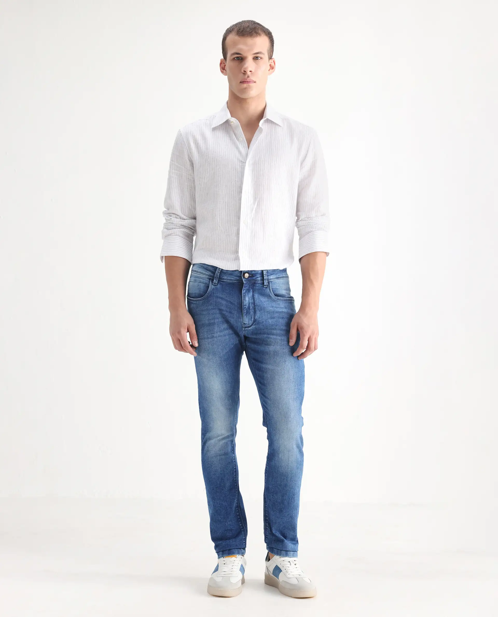 Rare Rabbit Men's Arbok Blue Cotton Plain Hawk Slim Fit Jeans - Image 8