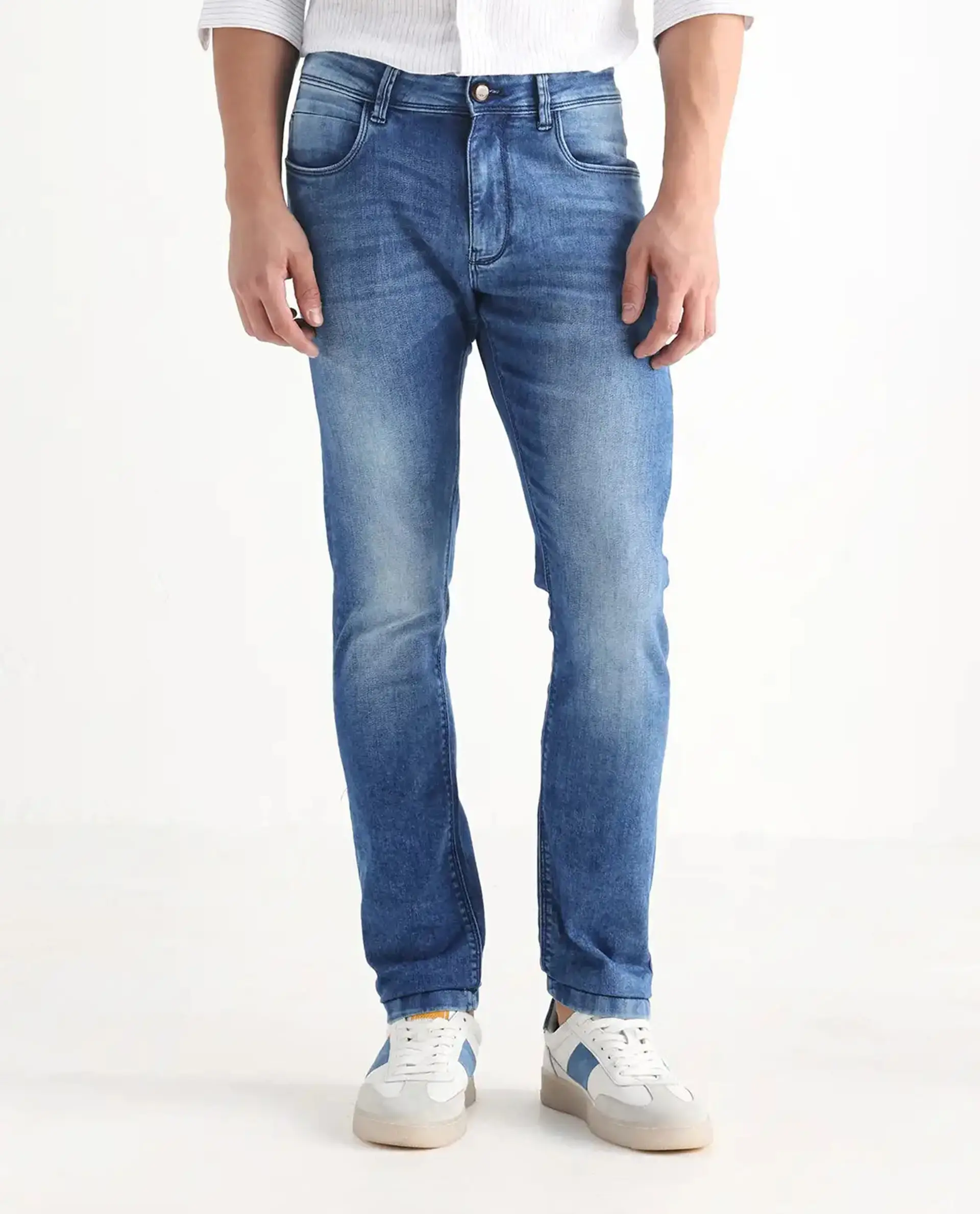Rare Rabbit Men's Arbok Blue Cotton Plain Hawk Slim Fit Jeans - Image 9