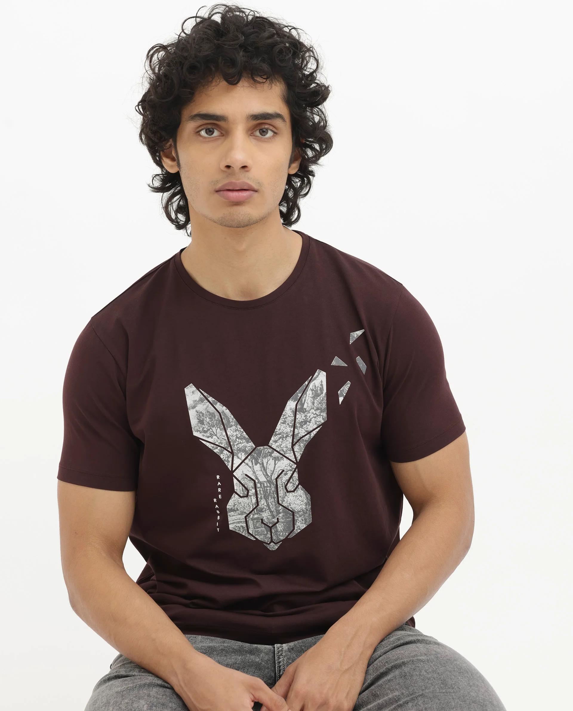 Rare Rabbit Men's Arbor Maroon Cotton Graphic Print Regular Fit Half Sleeve Crew Neck T-Shirt - Image 2