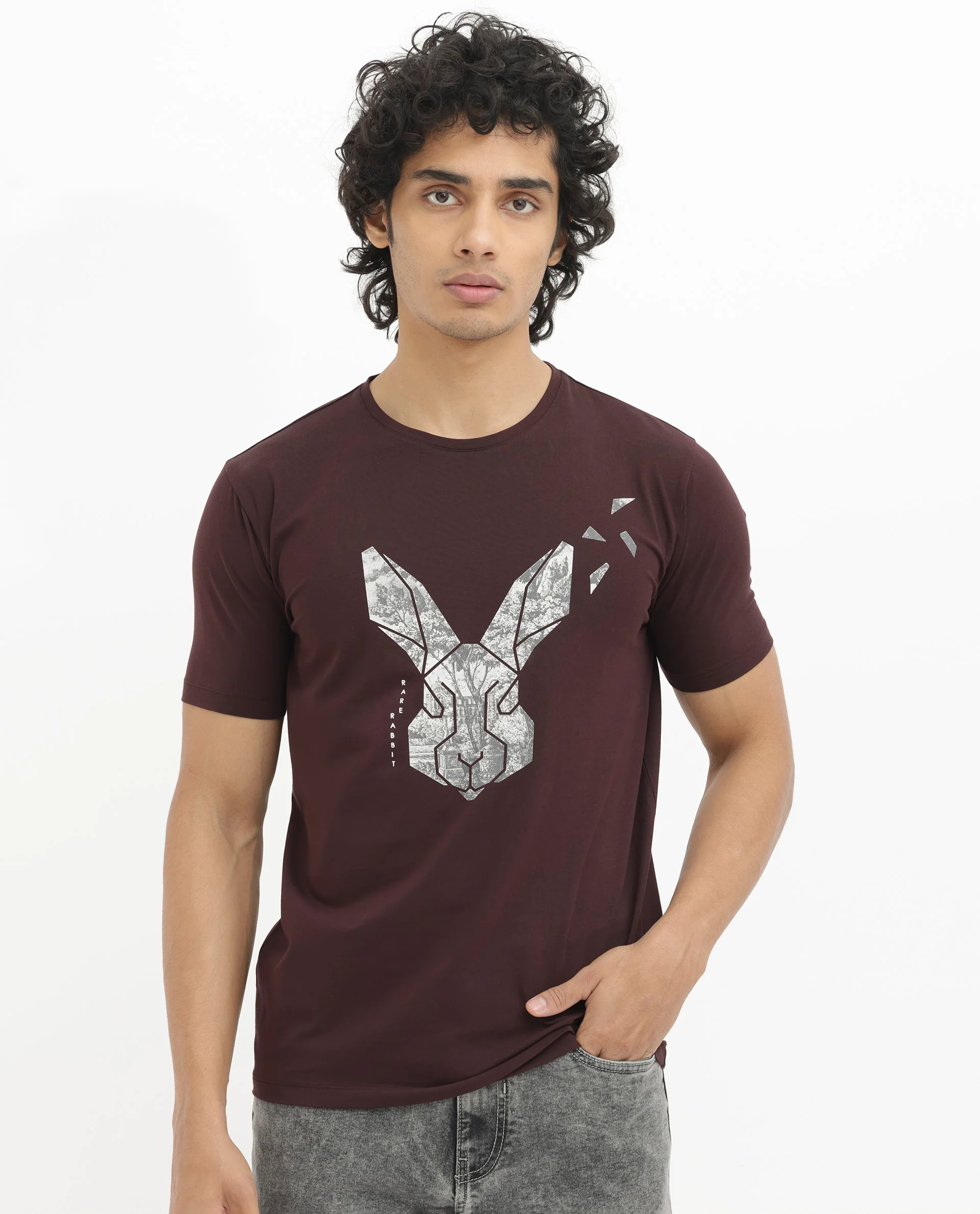 Rare Rabbit Men's Arbor Maroon Cotton Graphic Print Regular Fit Half Sleeve Crew Neck T-Shirt - Image 4