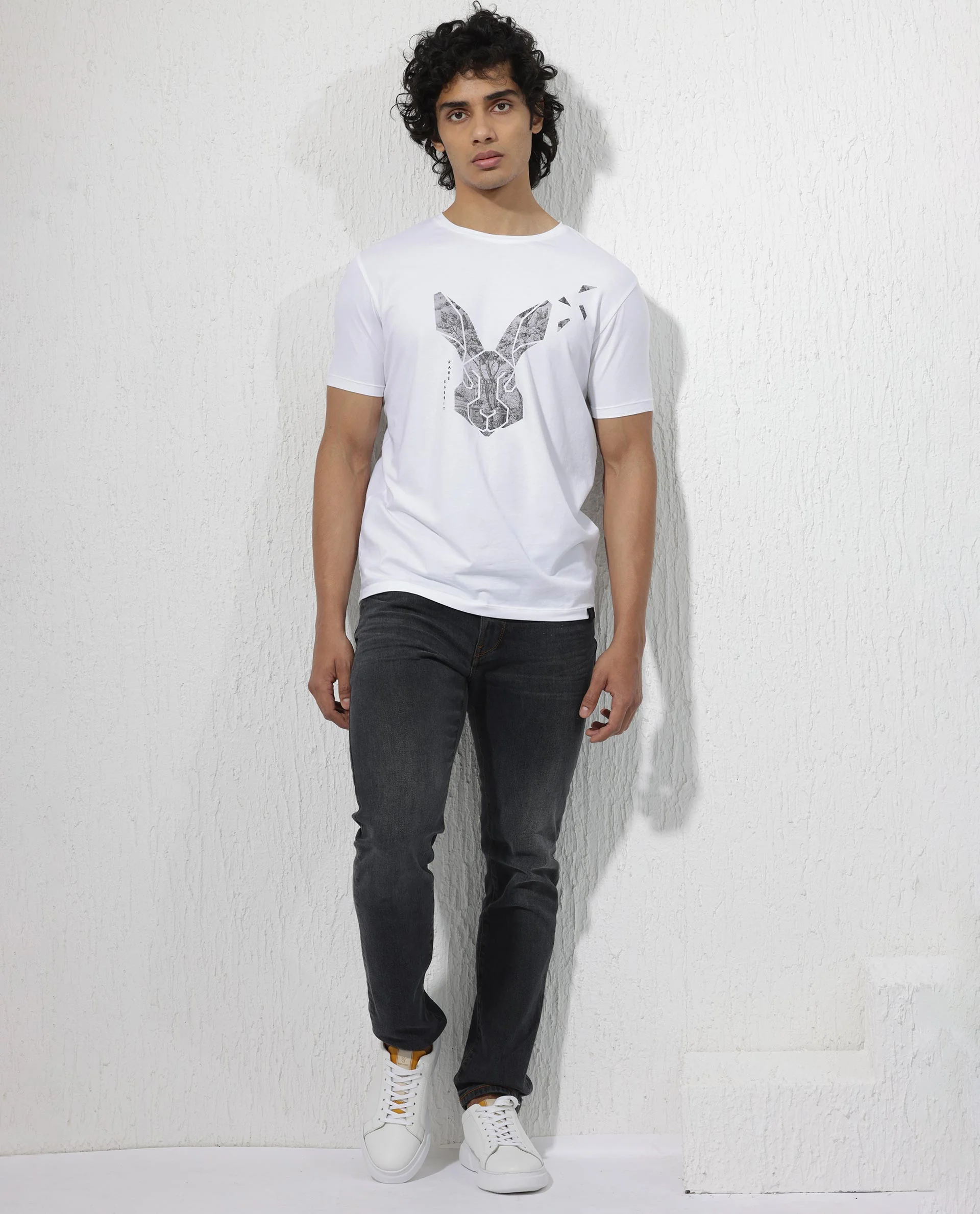 Rare Rabbit Men's Arbor White Cotton Blend Graphic Print Regular Fit Half Sleeve Crew Neck T-Shirt - Image 5