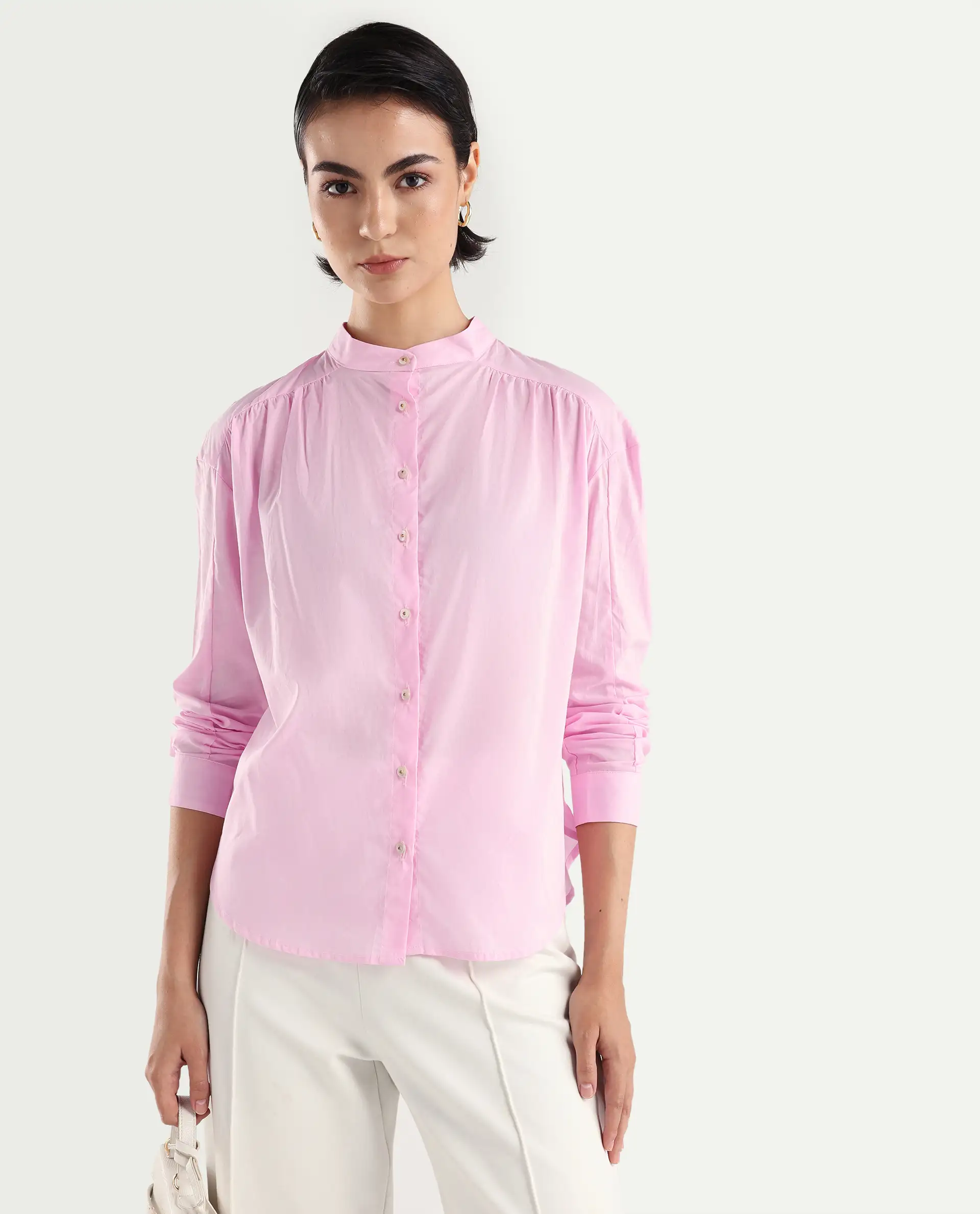 Rareism Women's Arbour Purple Cotton Band Collar Plain Regular Fit Shirt
