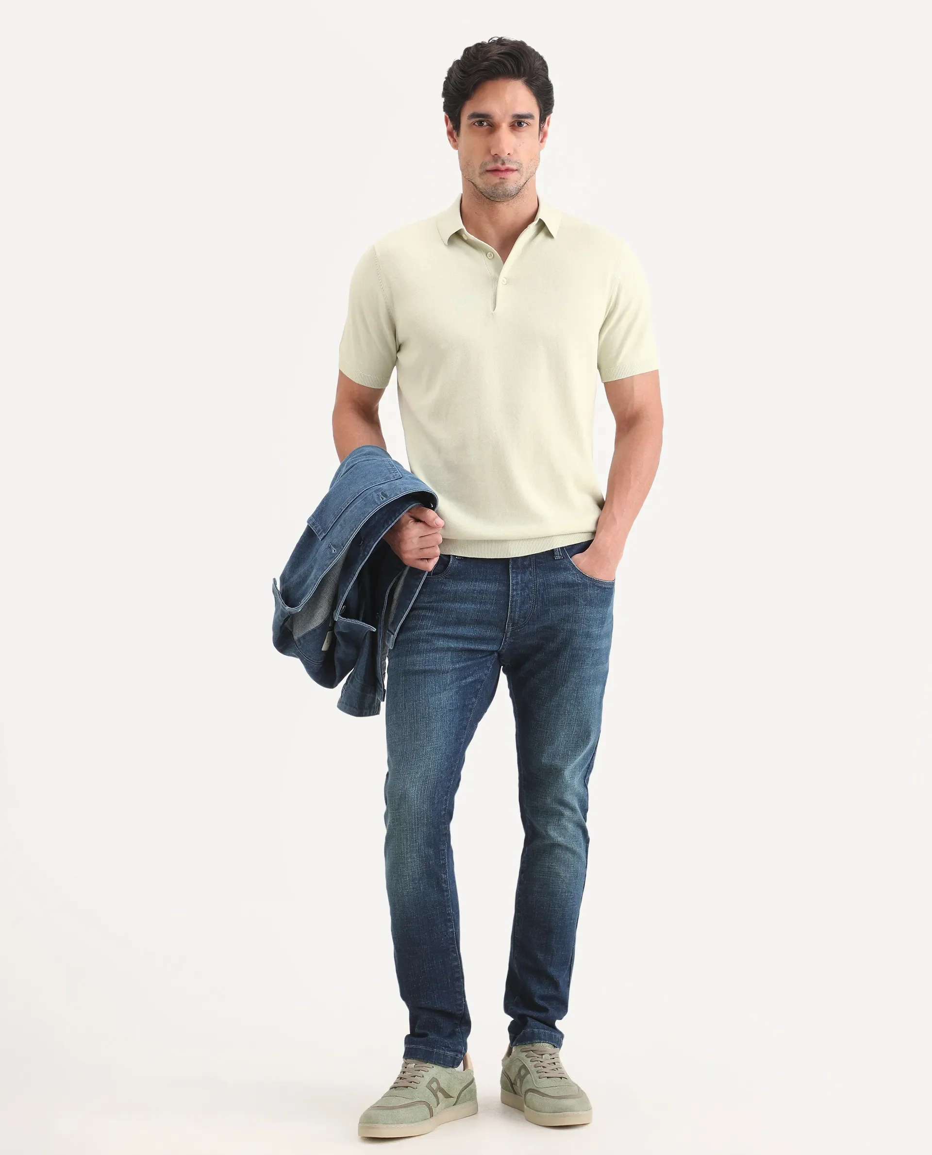 Rare Rabbit Men's Arc Fluorescent Green Cotton Fabric Half Sleeve Spread Collar Regular Plain Polo - Image 2