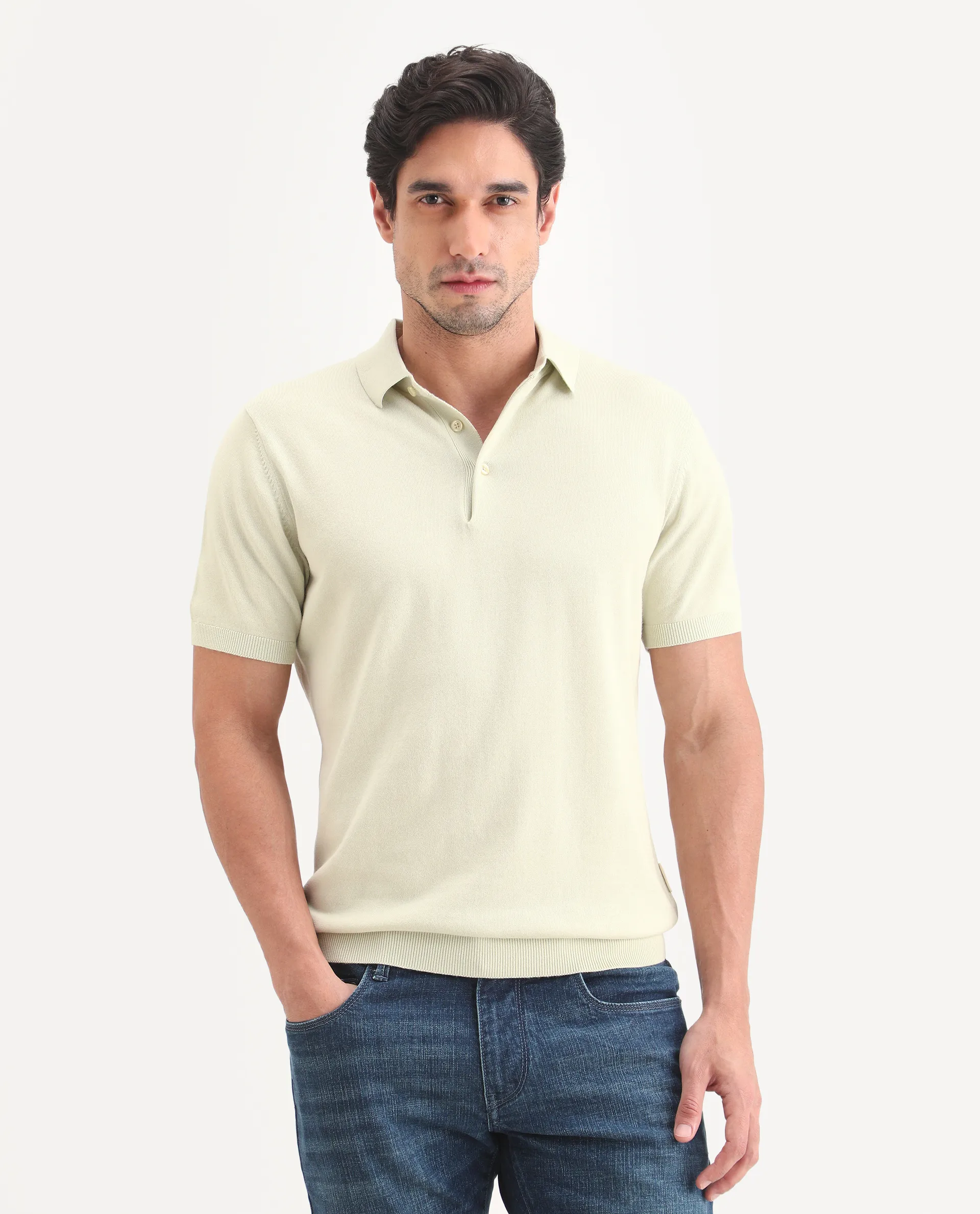 Rare Rabbit Men's Arc Fluorescent Green Cotton Fabric Half Sleeve Spread Collar Regular Plain Polo - Image 4
