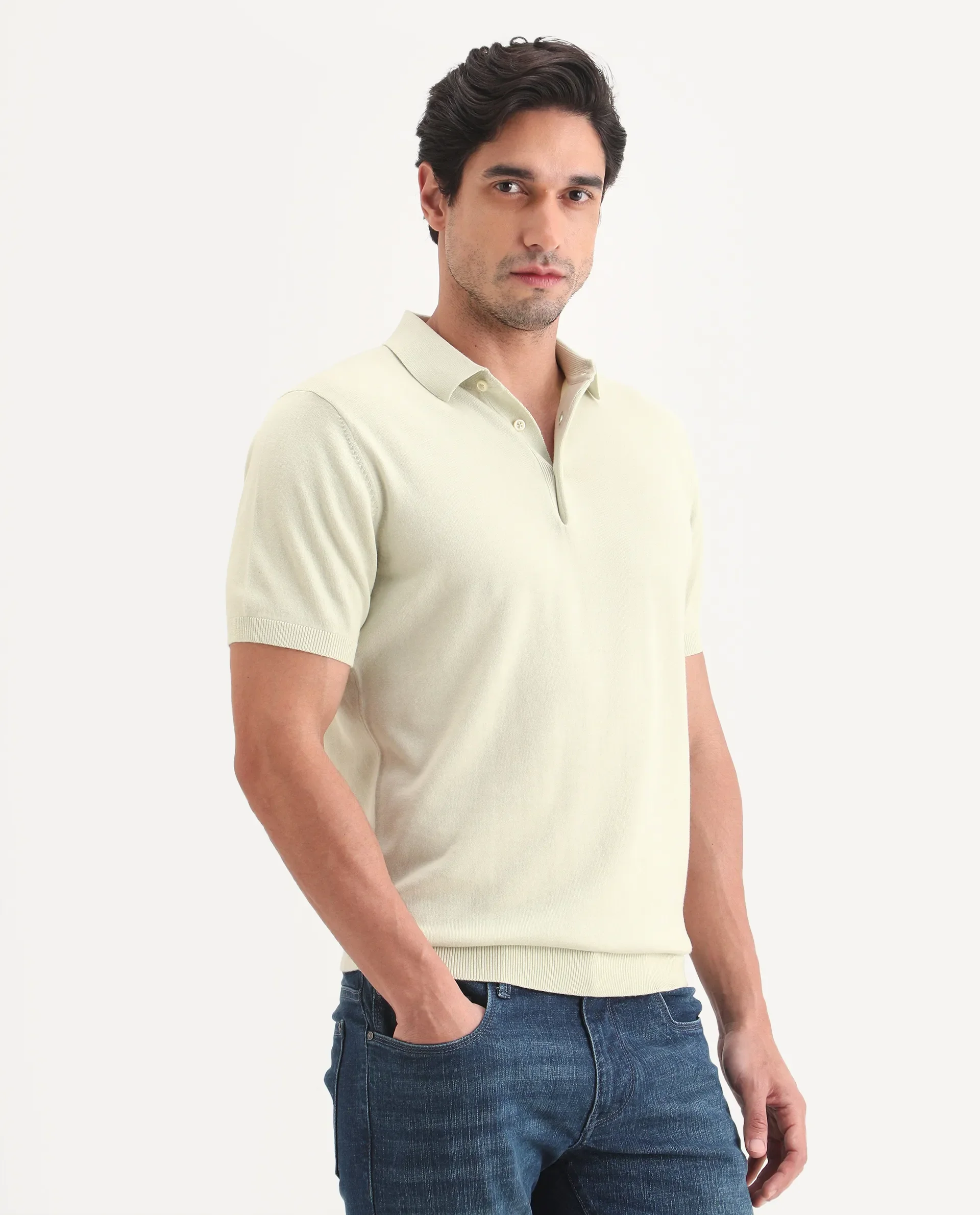 Rare Rabbit Men's Arc Fluorescent Green Cotton Fabric Half Sleeve Spread Collar Regular Plain Polo - Image 5