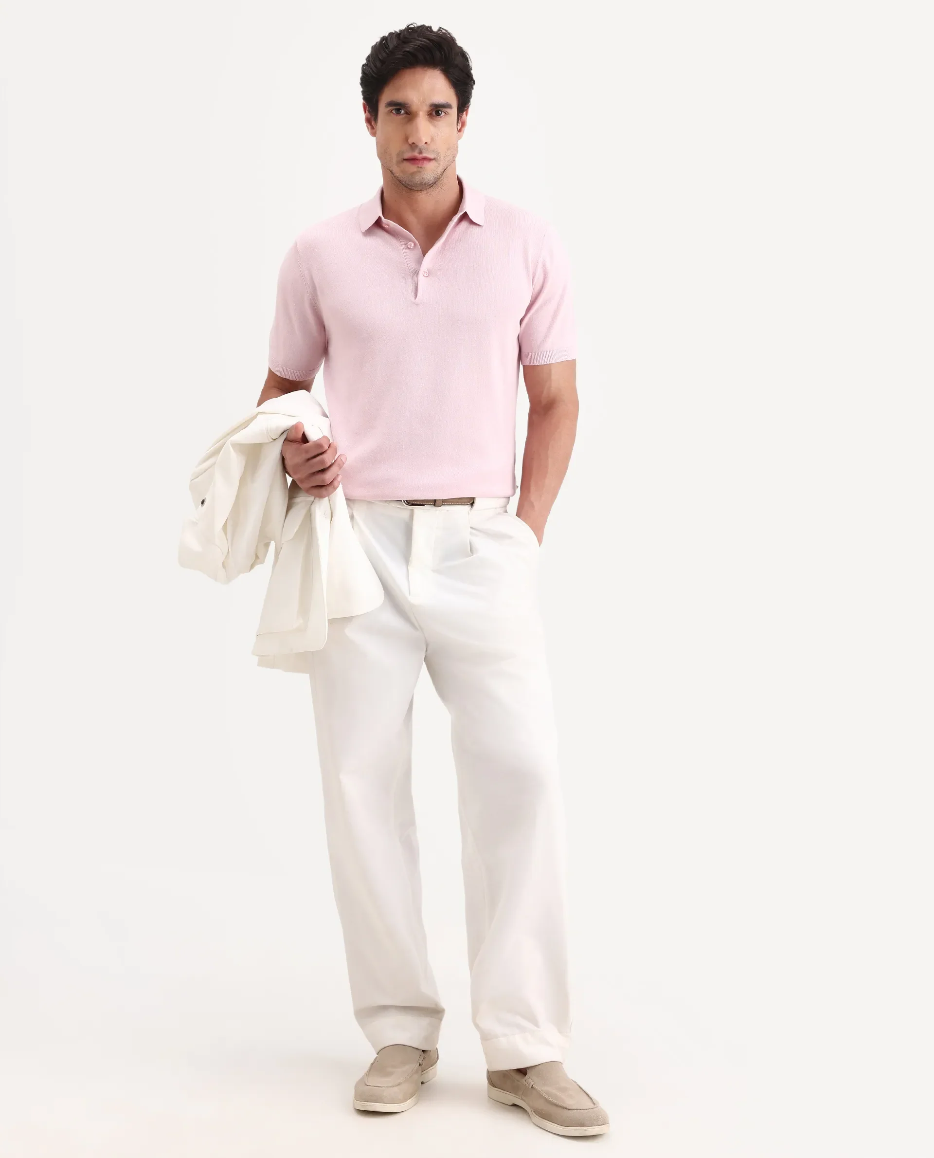 Rare Rabbit Men's Arc Light Pink Cotton Fabric Half Sleeve Spread Collar Regular Plain Polo - Image 2