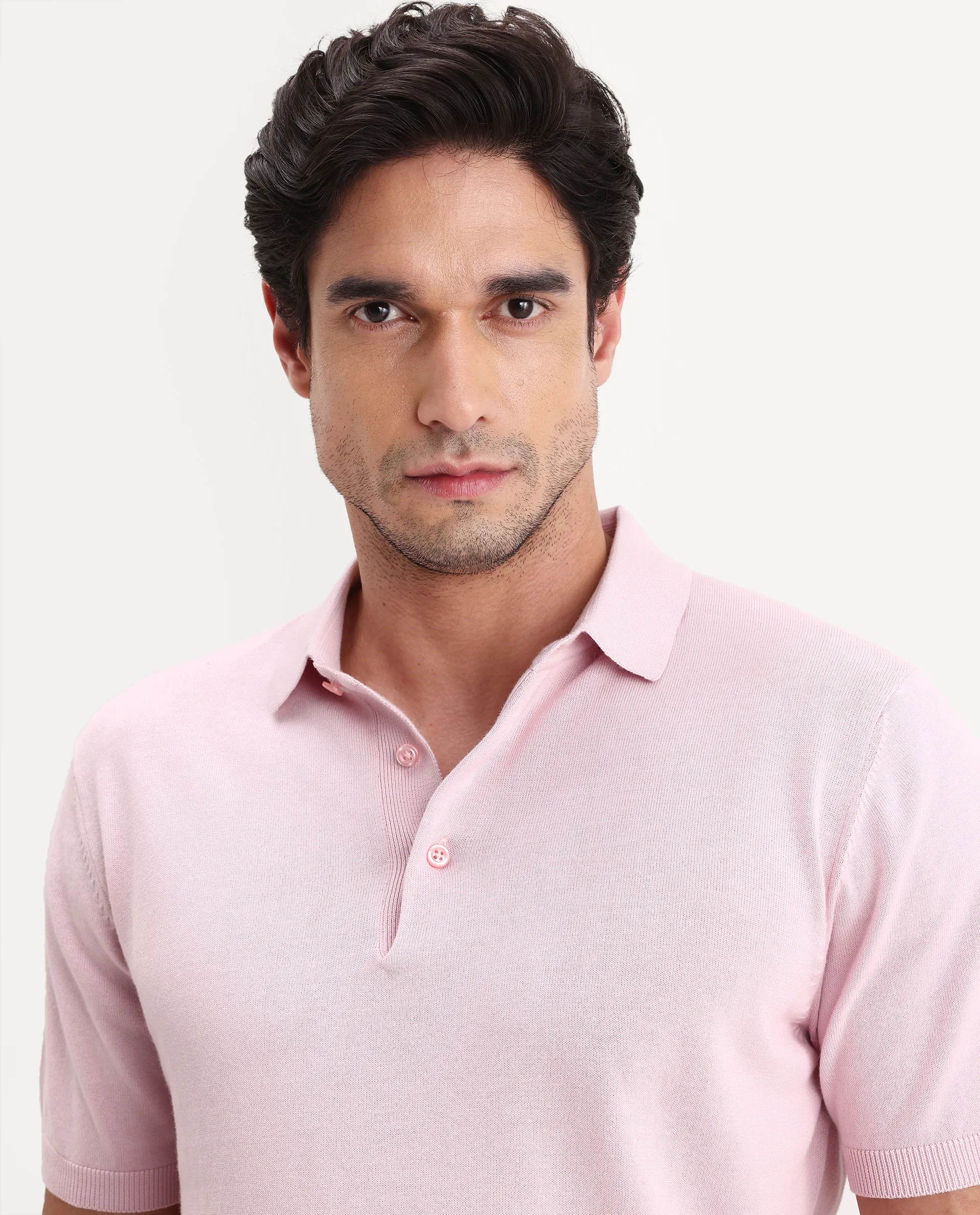 Rare Rabbit Men's Arc Light Pink Cotton Fabric Half Sleeve Spread Collar Regular Plain Polo - Image 3