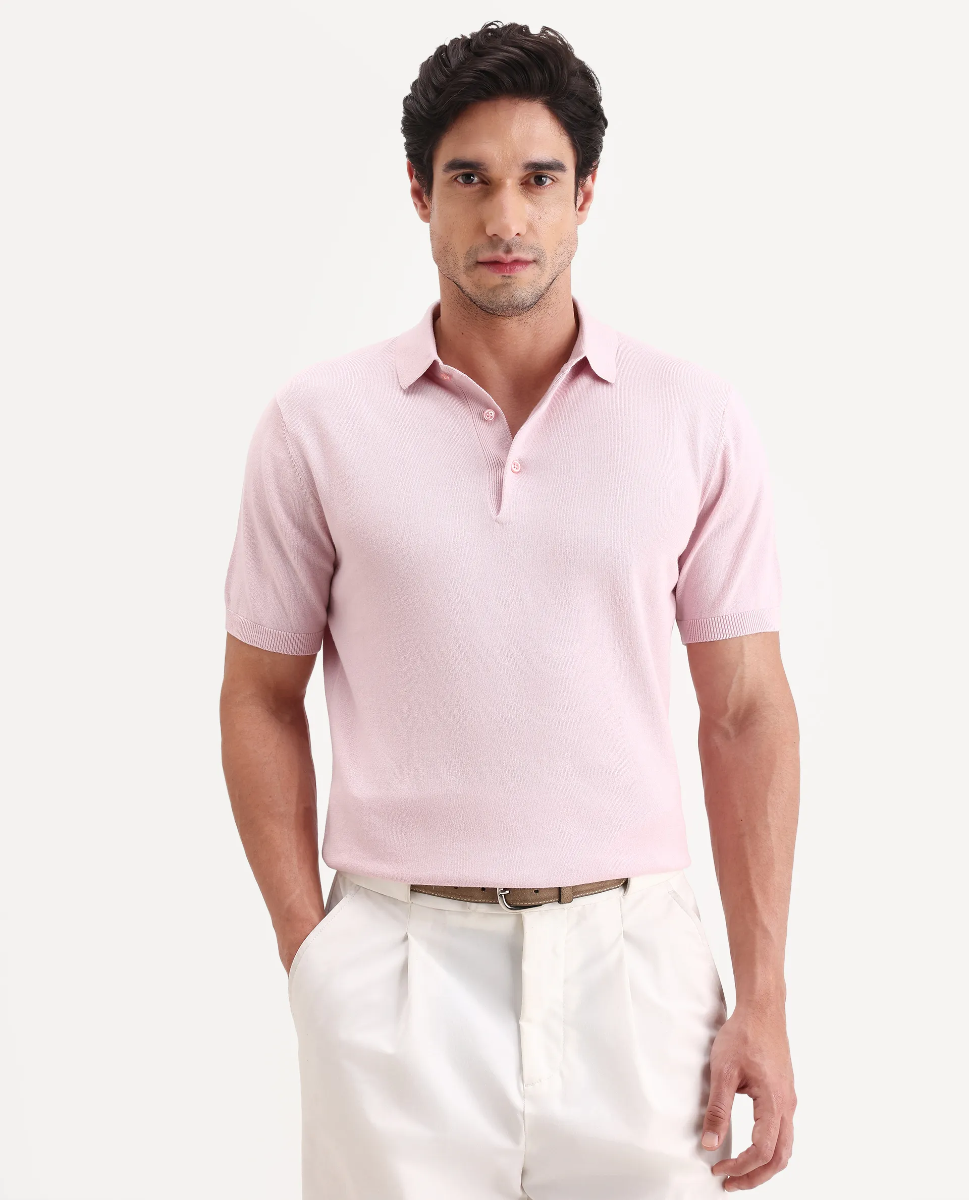 Rare Rabbit Men's Arc Light Pink Cotton Fabric Half Sleeve Spread Collar Regular Plain Polo - Image 4