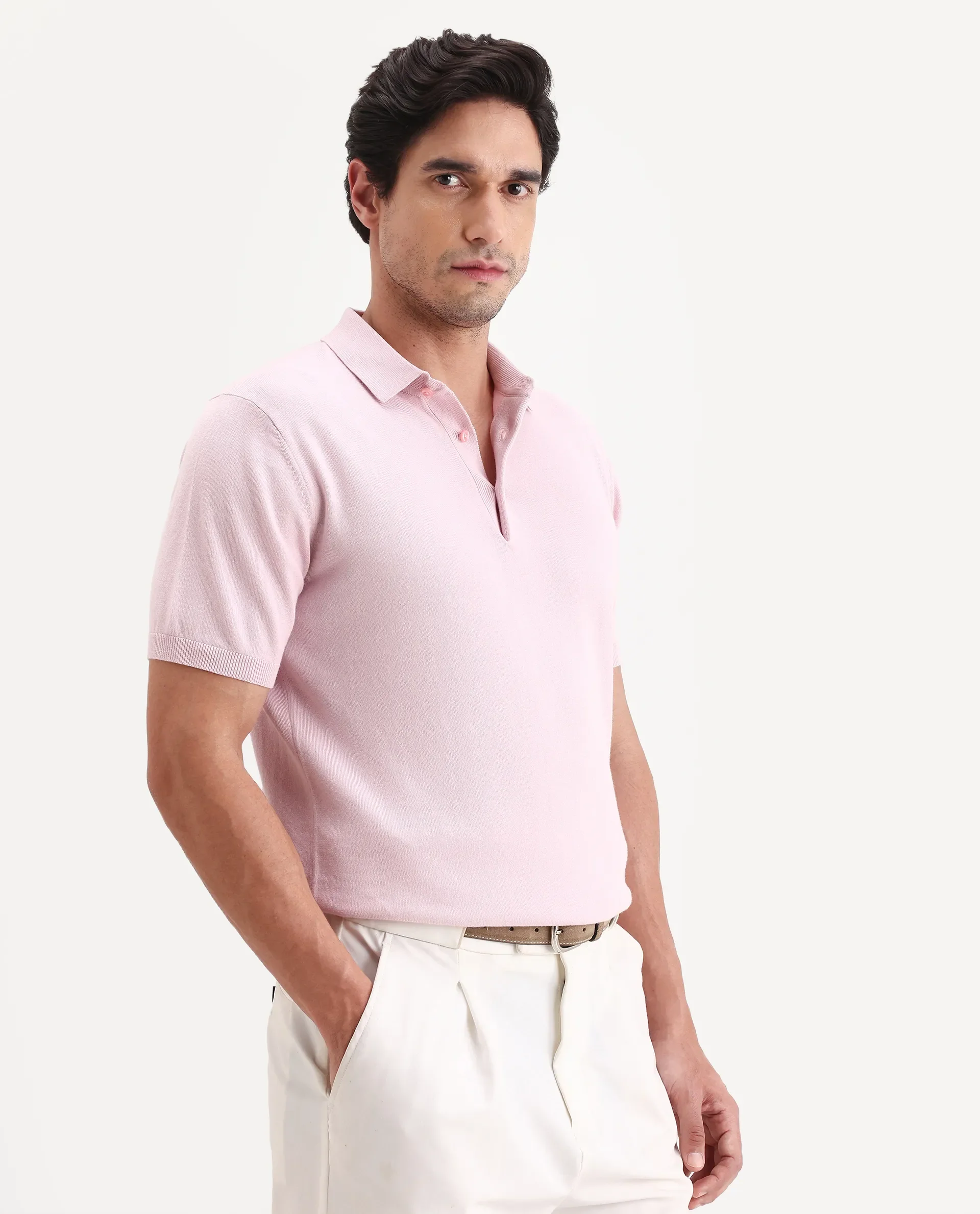 Rare Rabbit Men's Arc Light Pink Cotton Fabric Half Sleeve Spread Collar Regular Plain Polo - Image 5