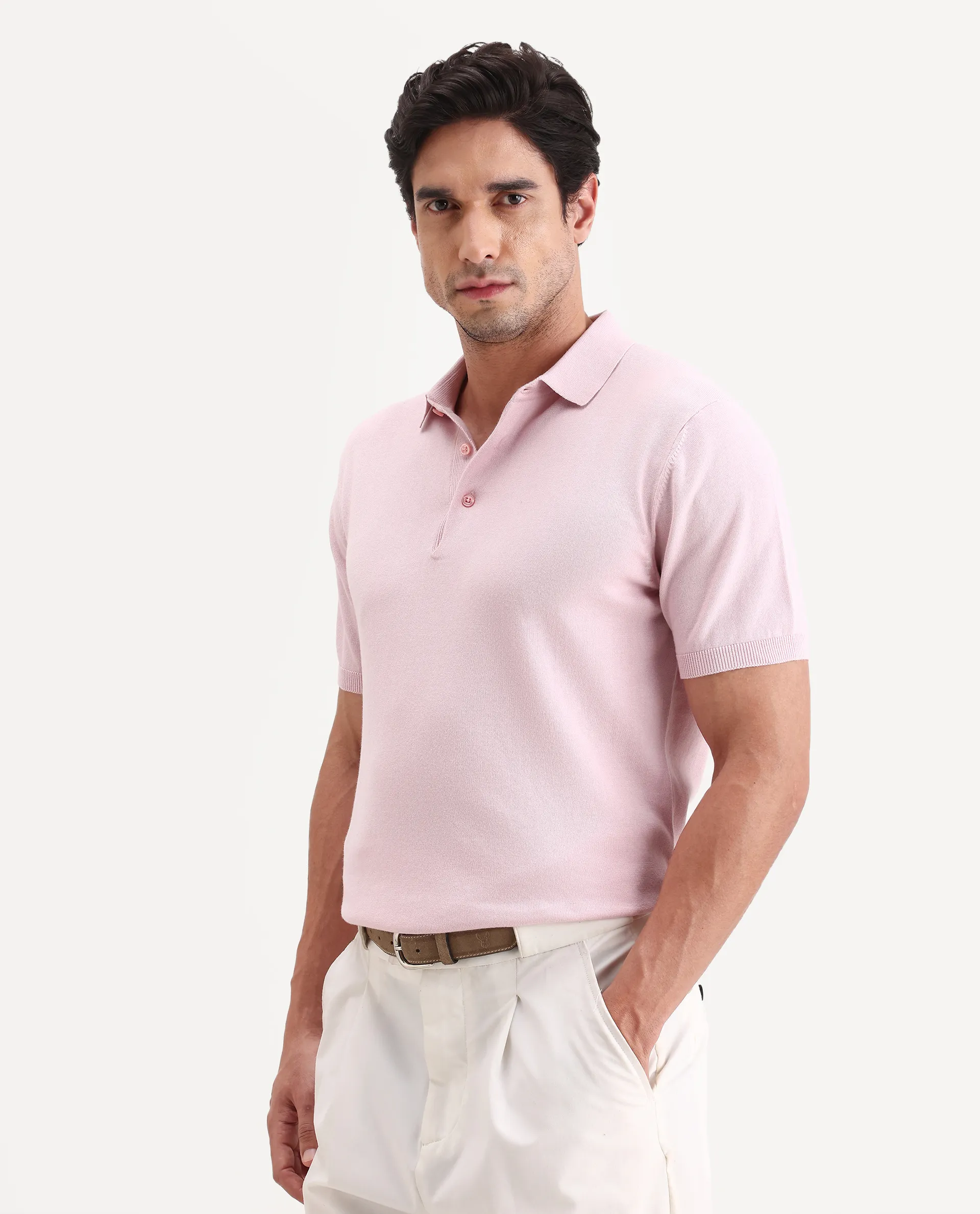 Rare Rabbit Men's Arc Light Pink Cotton Fabric Half Sleeve Spread Collar Regular Plain Polo - Image 6