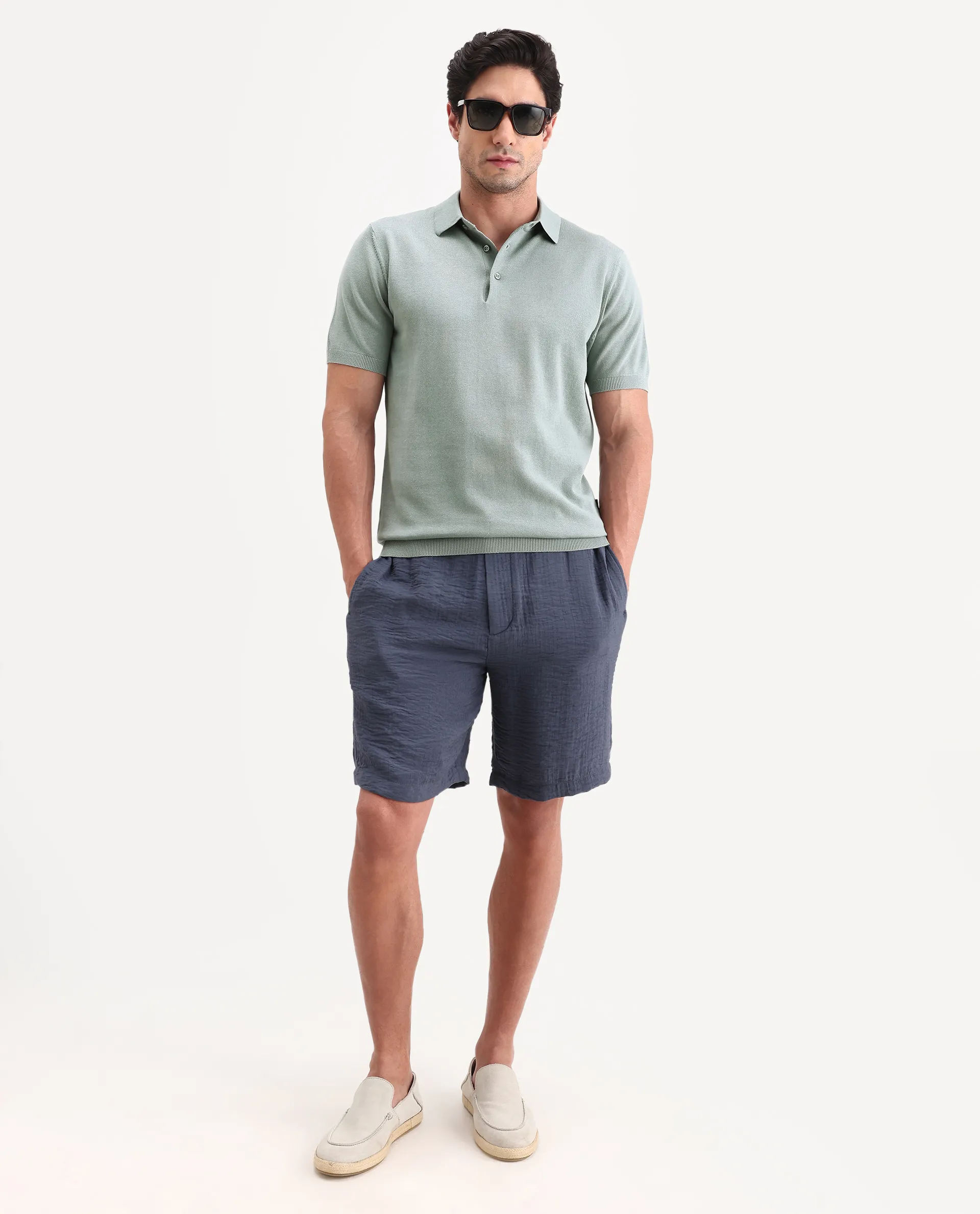 Rare Rabbit Men's Arc Pastel Green Cotton Fabric Half Sleeve Spread Collar Regular Plain Polo - Image 2
