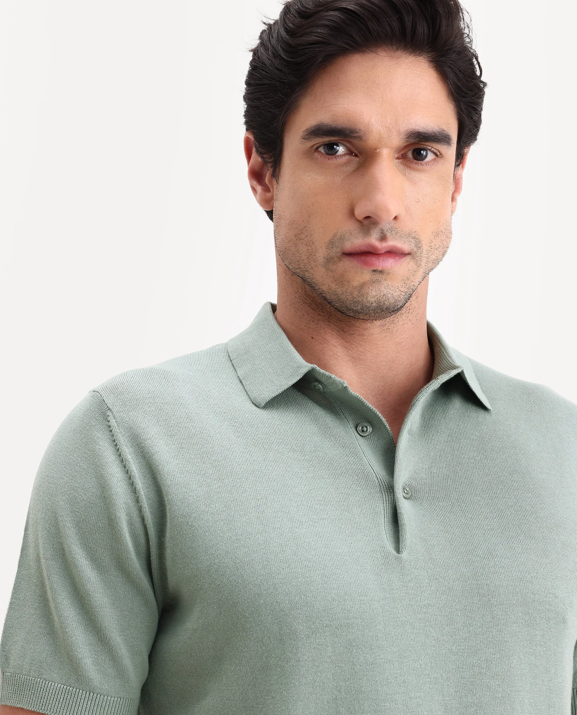 Rare Rabbit Men's Arc Pastel Green Cotton Fabric Half Sleeve Spread Collar Regular Plain Polo - Image 3