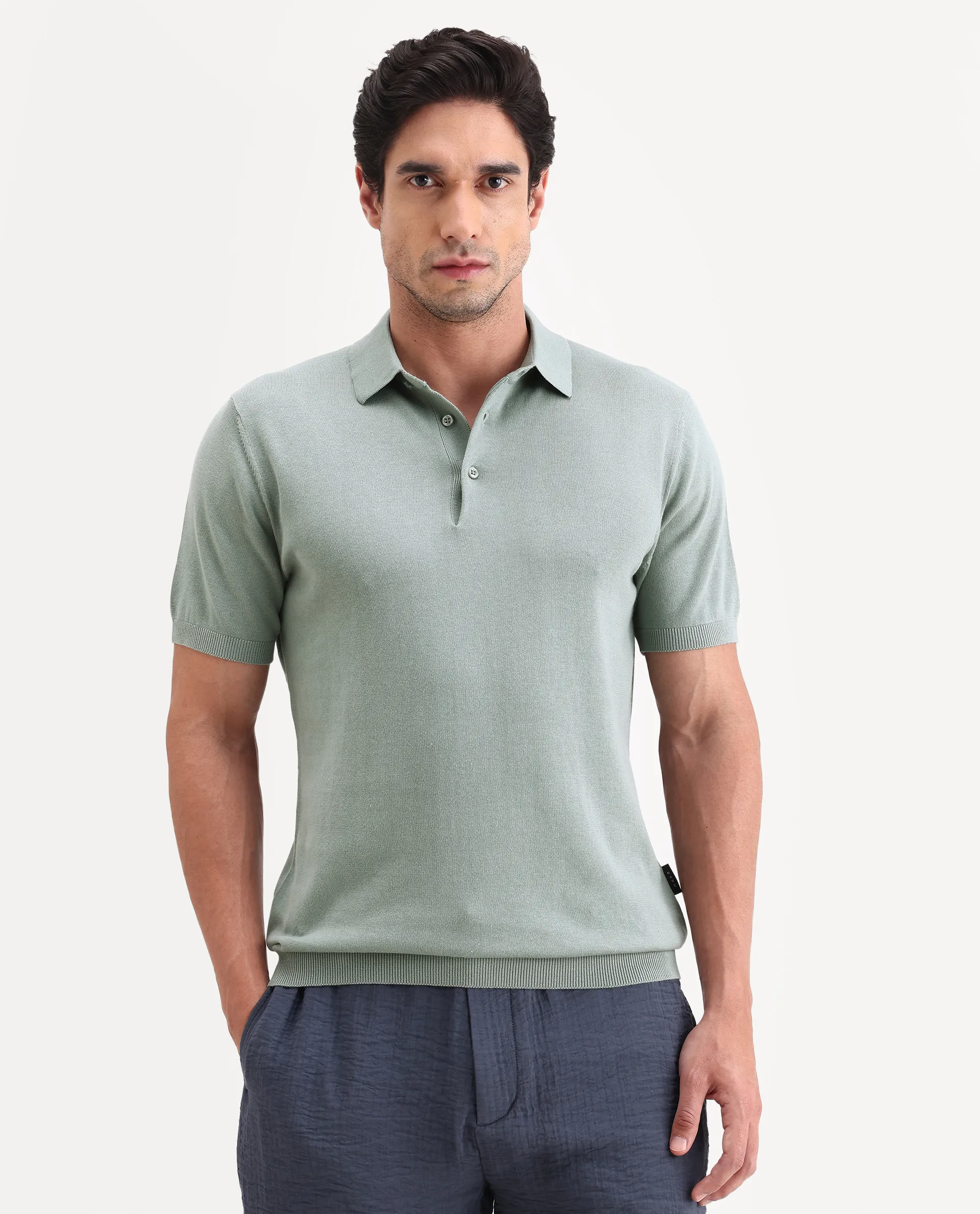 Rare Rabbit Men's Arc Pastel Green Cotton Fabric Half Sleeve Spread Collar Regular Plain Polo - Image 4