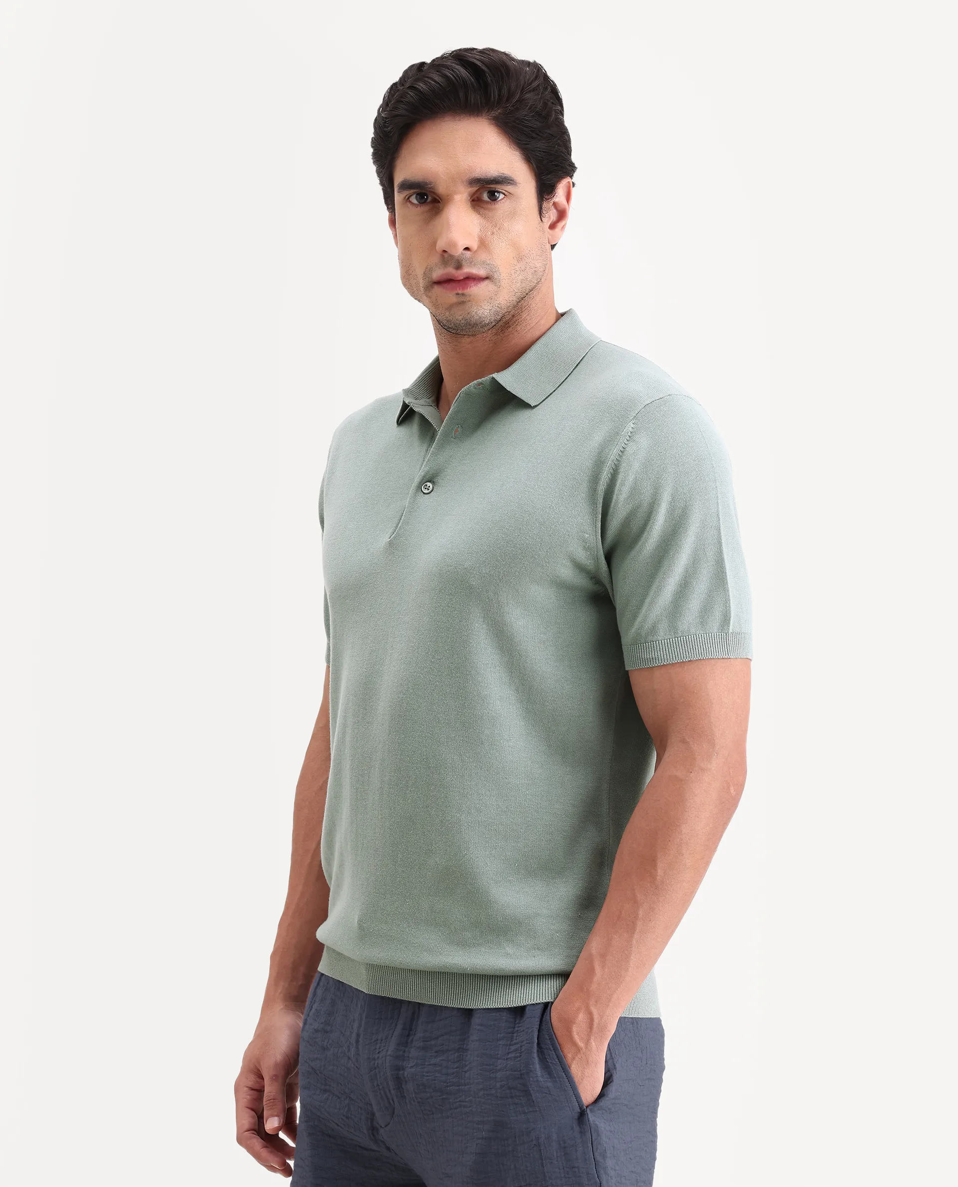 Rare Rabbit Men's Arc Pastel Green Cotton Fabric Half Sleeve Spread Collar Regular Plain Polo - Image 5