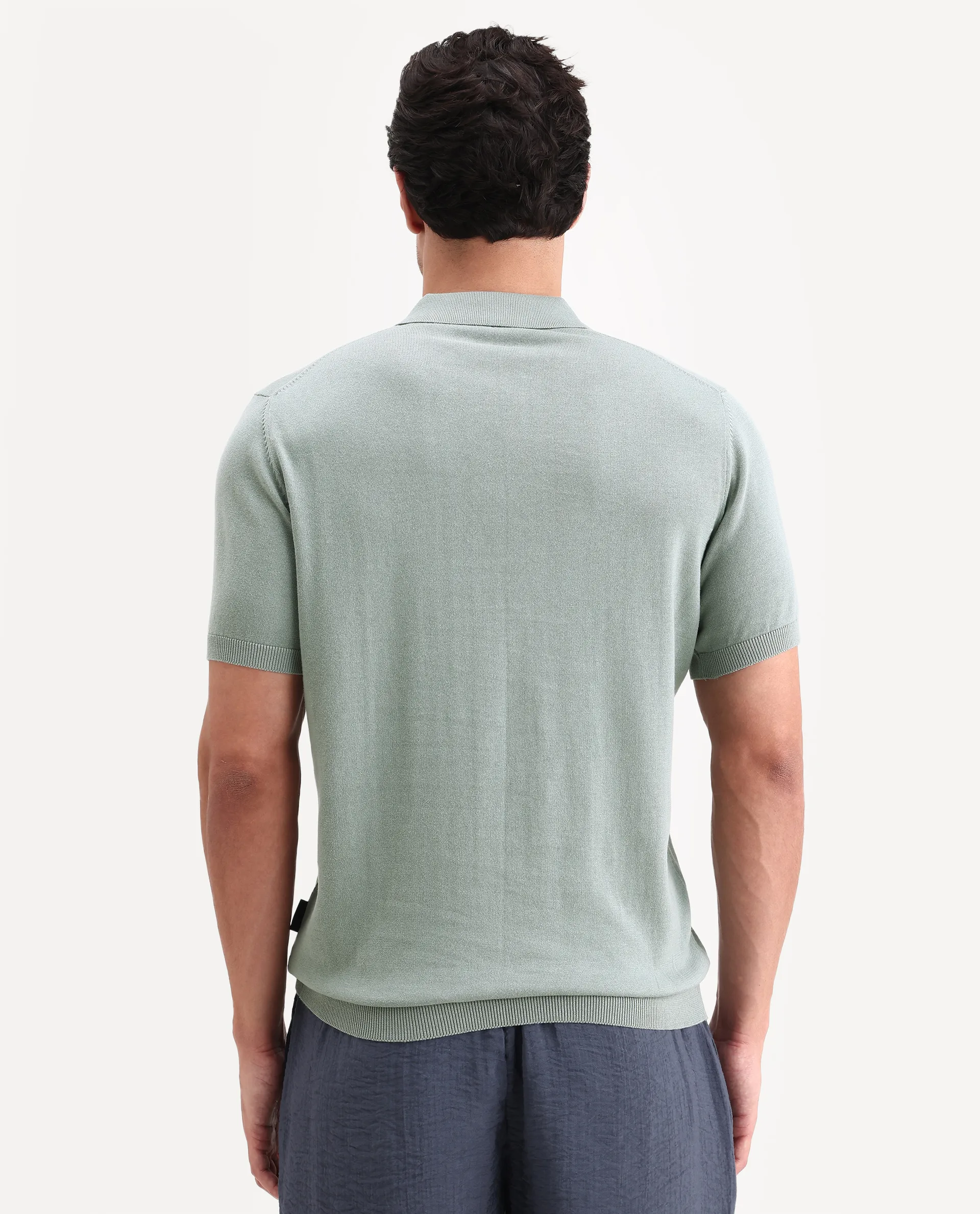 Rare Rabbit Men's Arc Pastel Green Cotton Fabric Half Sleeve Spread Collar Regular Plain Polo - Image 7