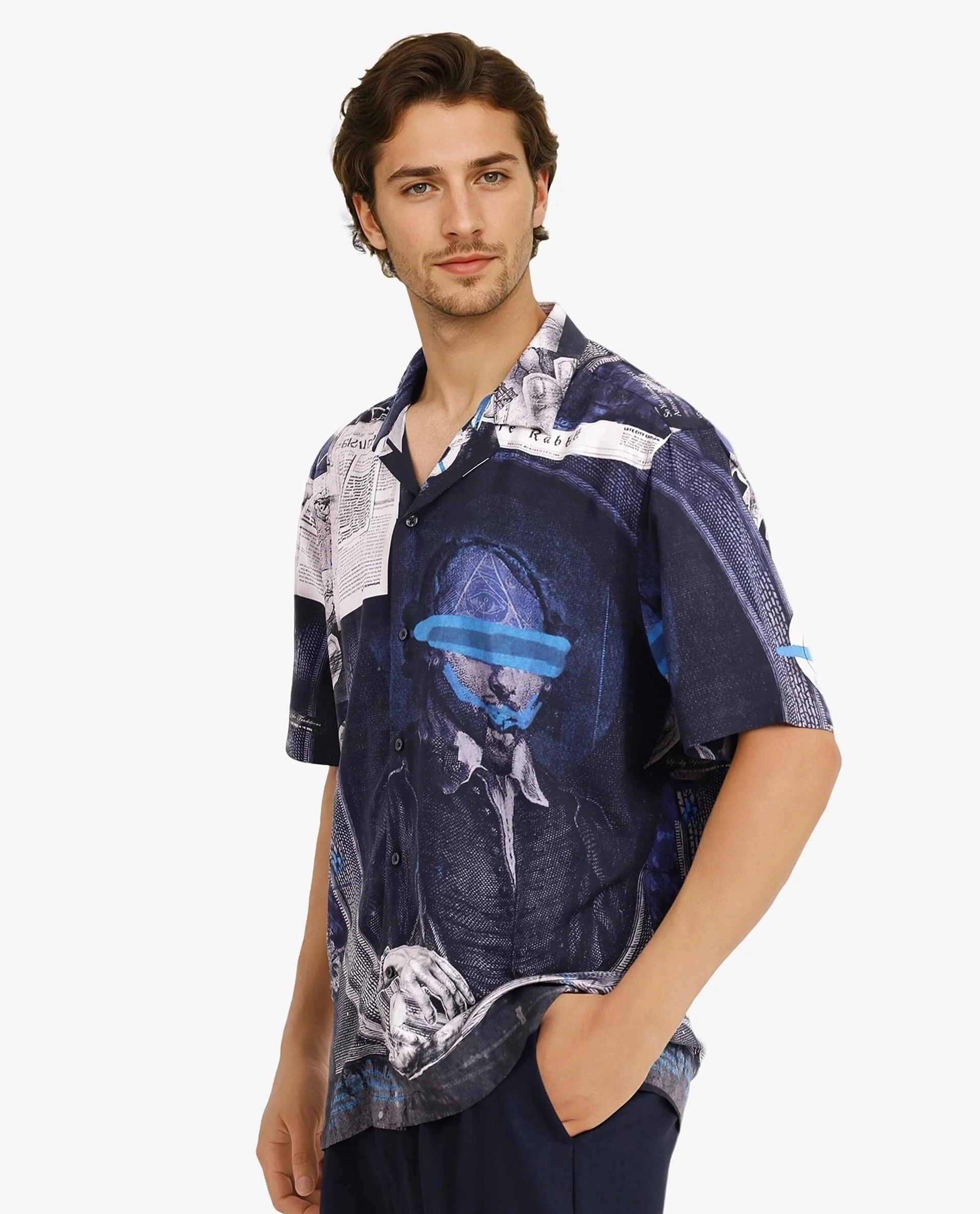 Rare Rabbit Men's Arc Black Viscose Abstract Print Boxy Fit Half Sleeve Cuban Collar Shirt - Image 5