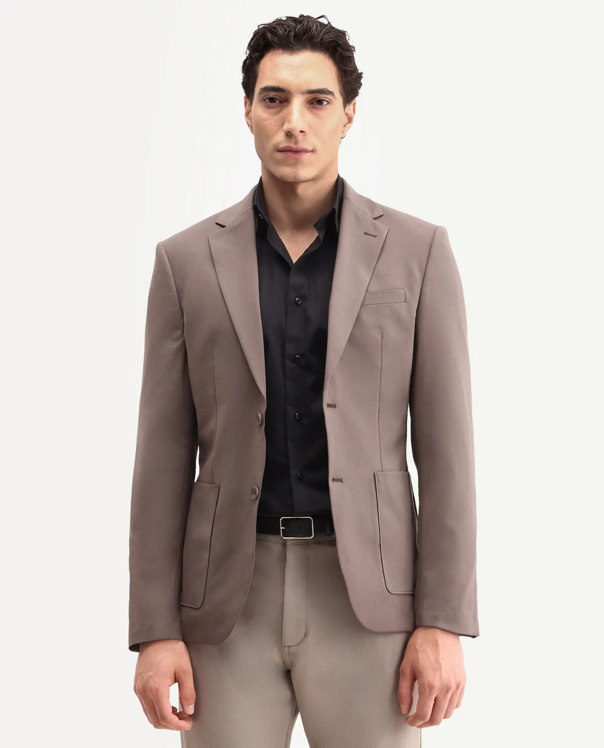 Rare Rabbit Men's Arca Dark Brown Polyester Blend Fabric Full Sleeve Lapel Collar Regular Plain Blazer - Image 3