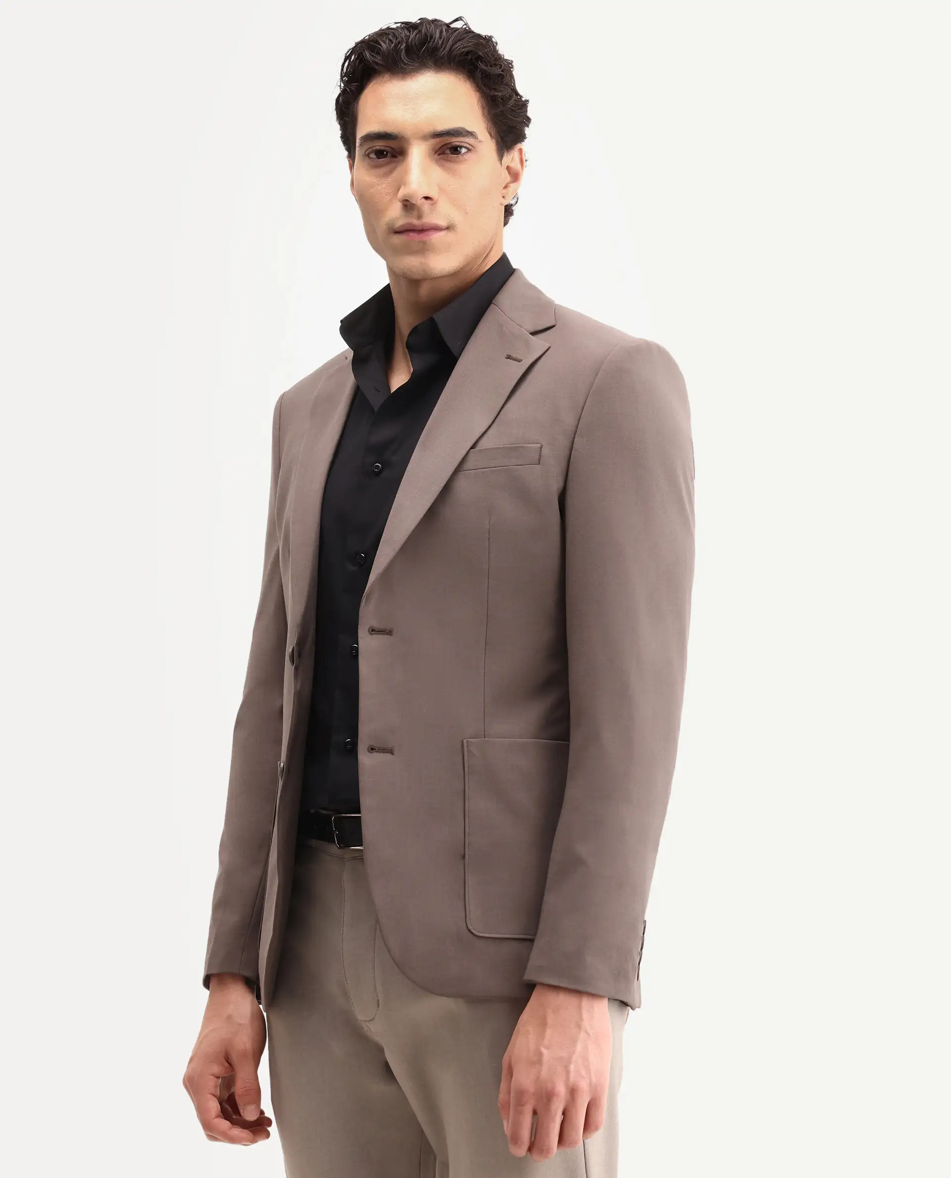 Rare Rabbit Men's Arca Dark Brown Polyester Blend Fabric Full Sleeve Lapel Collar Regular Plain Blazer - Image 4