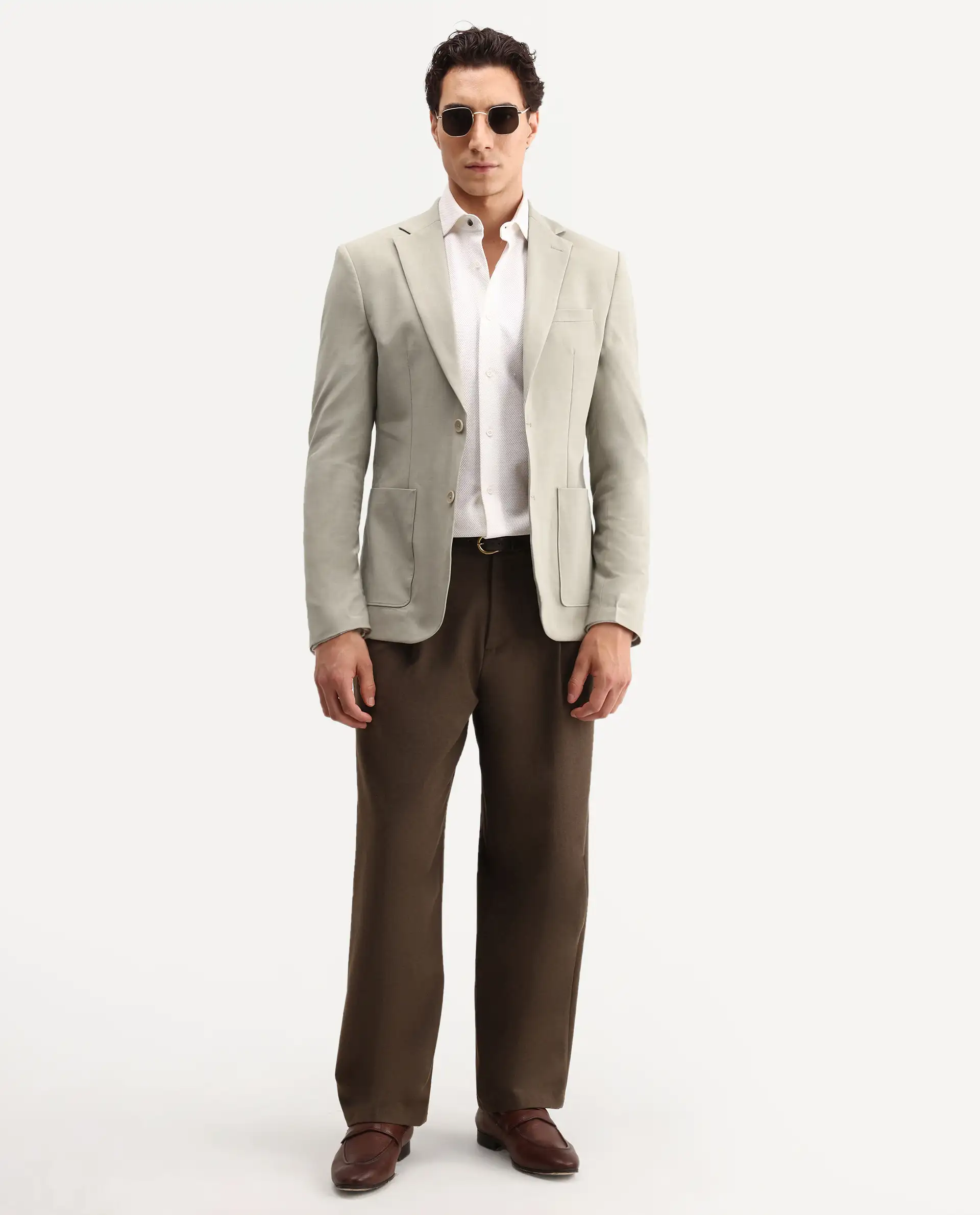 Rare Rabbit Men's Arca Pastel Beige Polyester Blend Fabric Full Sleeve Lapel Collar Regular Plain Blazer - Image 2