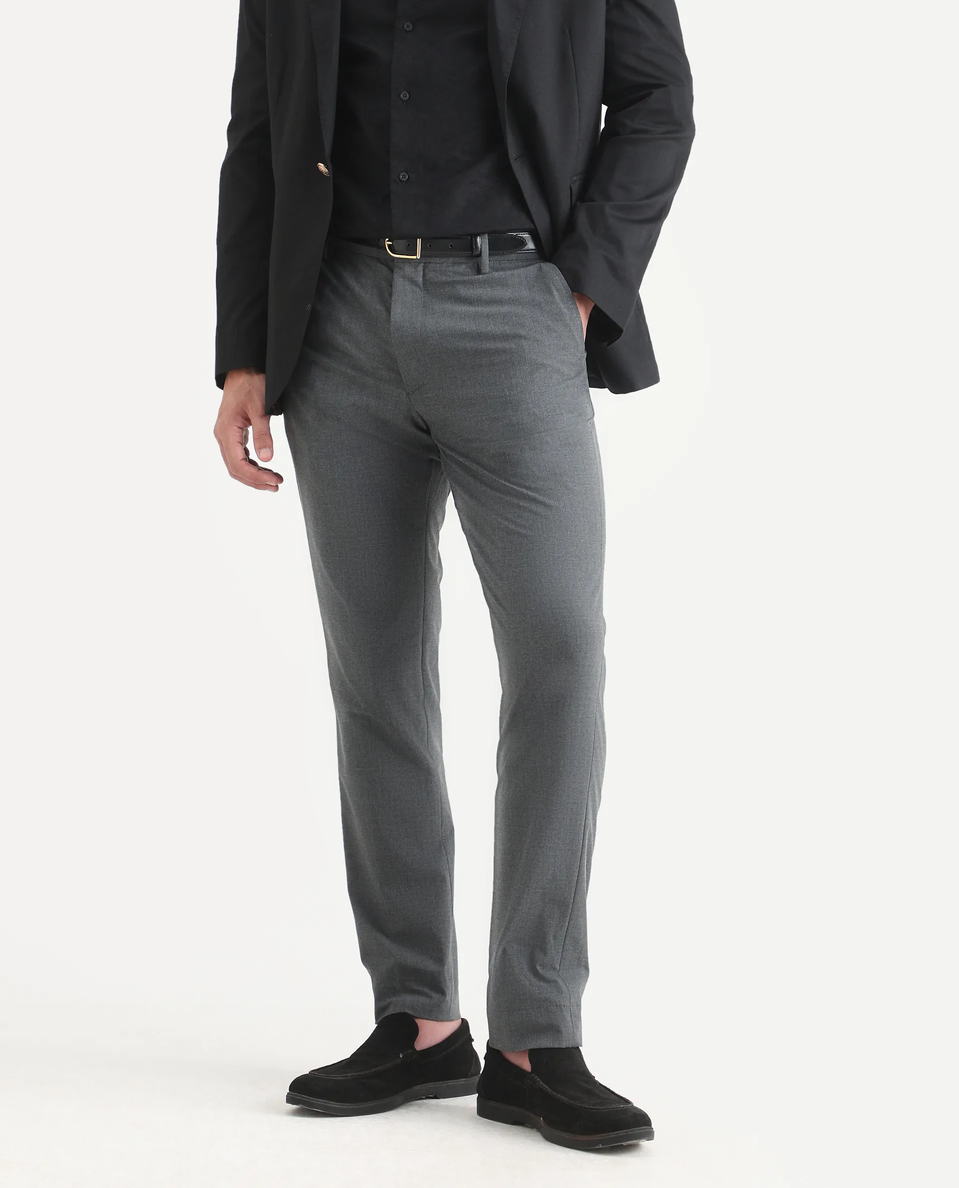 Rare Rabbit Men's Arcade-Lite Dark Grey Polyester Blend Fabric Regular Fit Plain Trouser - Image 2