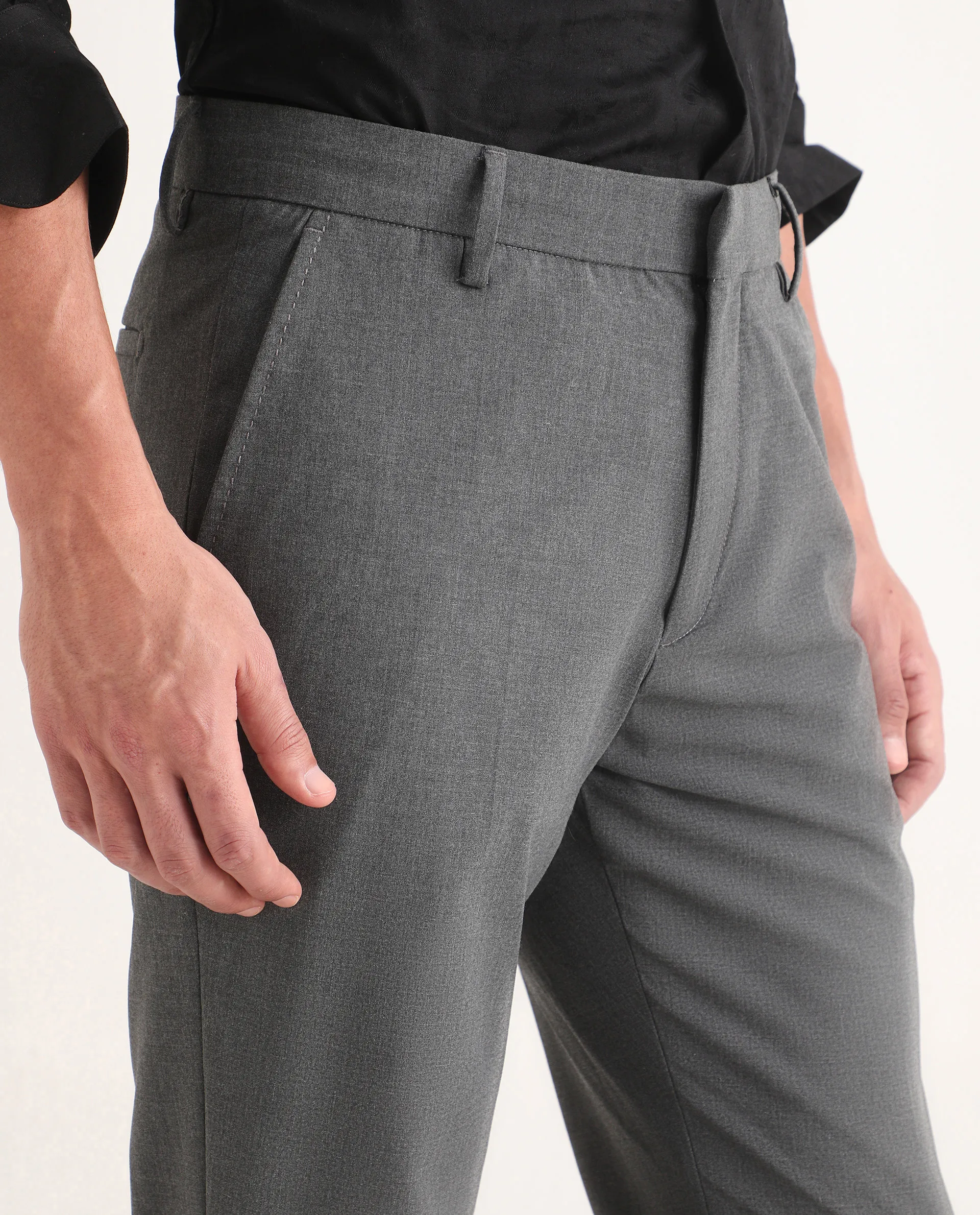 Rare Rabbit Men's Arcade-Lite Dark Grey Polyester Blend Fabric Regular Fit Plain Trouser - Image 3