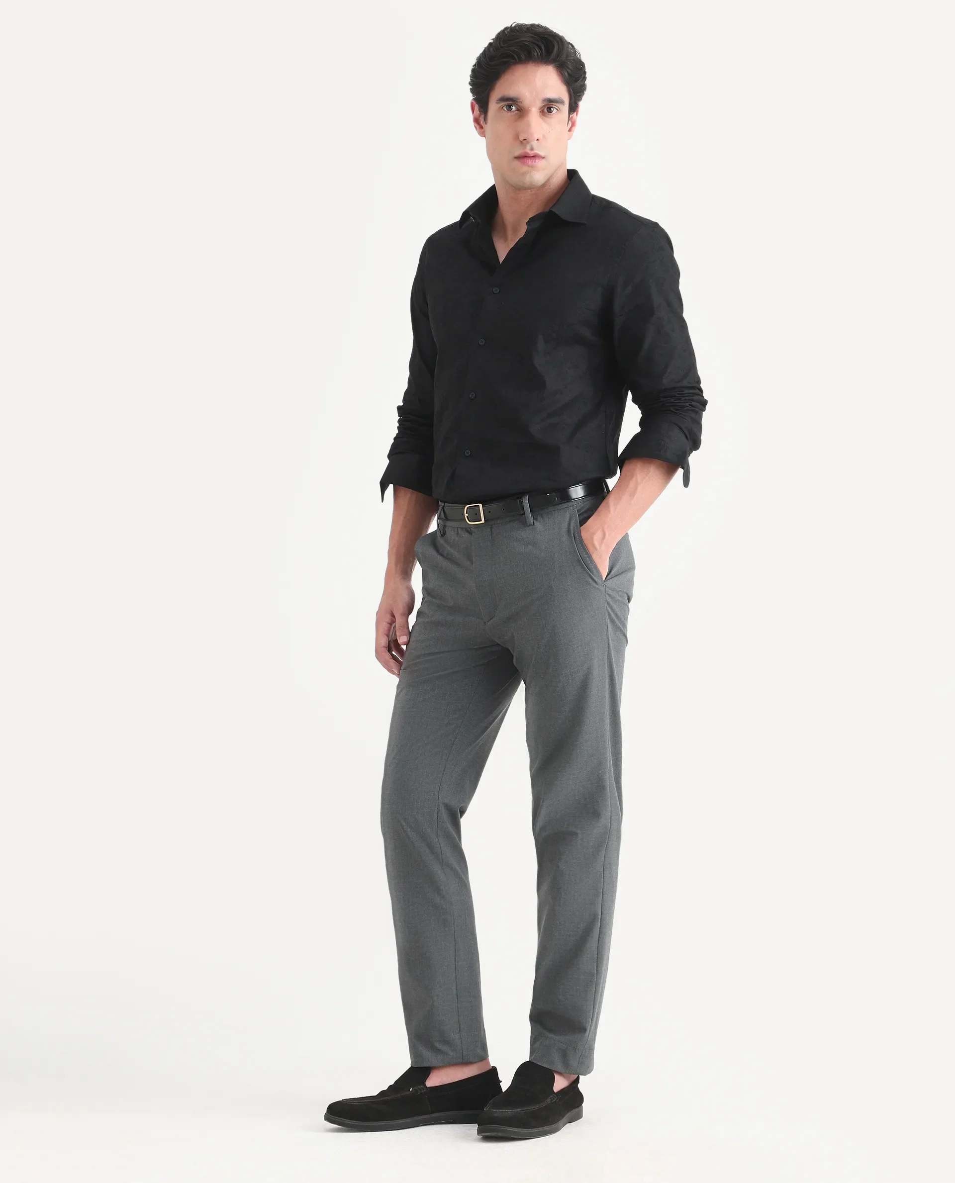 Rare Rabbit Men's Arcade-Lite Dark Grey Polyester Blend Fabric Regular Fit Plain Trouser - Image 4