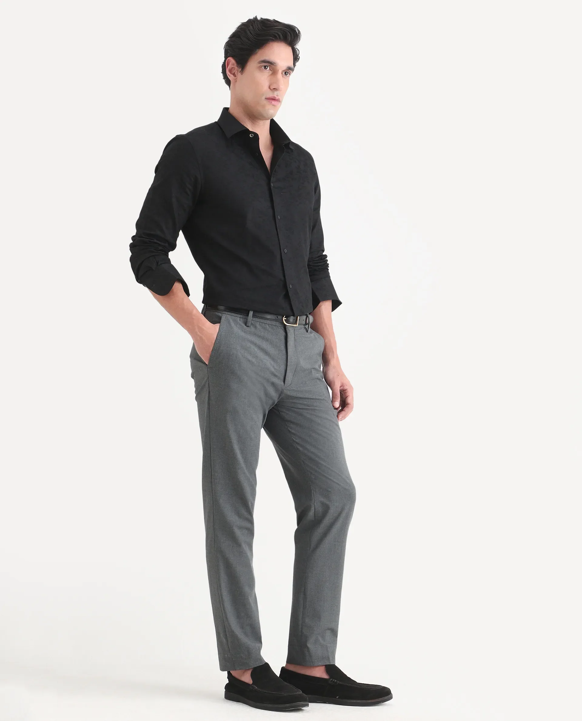 Rare Rabbit Men's Arcade-Lite Dark Grey Polyester Blend Fabric Regular Fit Plain Trouser - Image 5