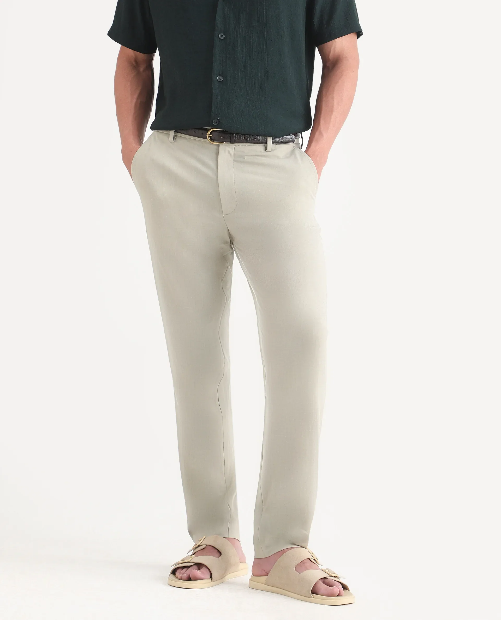 Rare Rabbit Men's Arcade-Lite Pastel Beige Polyester Blend Fabric Regular Fit Plain Trouser - Image 2