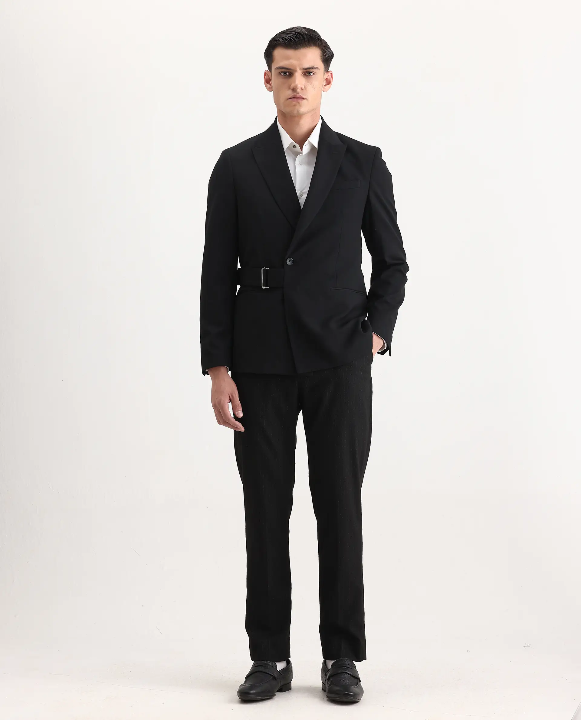 Rare Rabbit Men's Arcade Black Polyester Blend Fabric Full Sleeve Lapel Neck Plain Blazer - Image 2