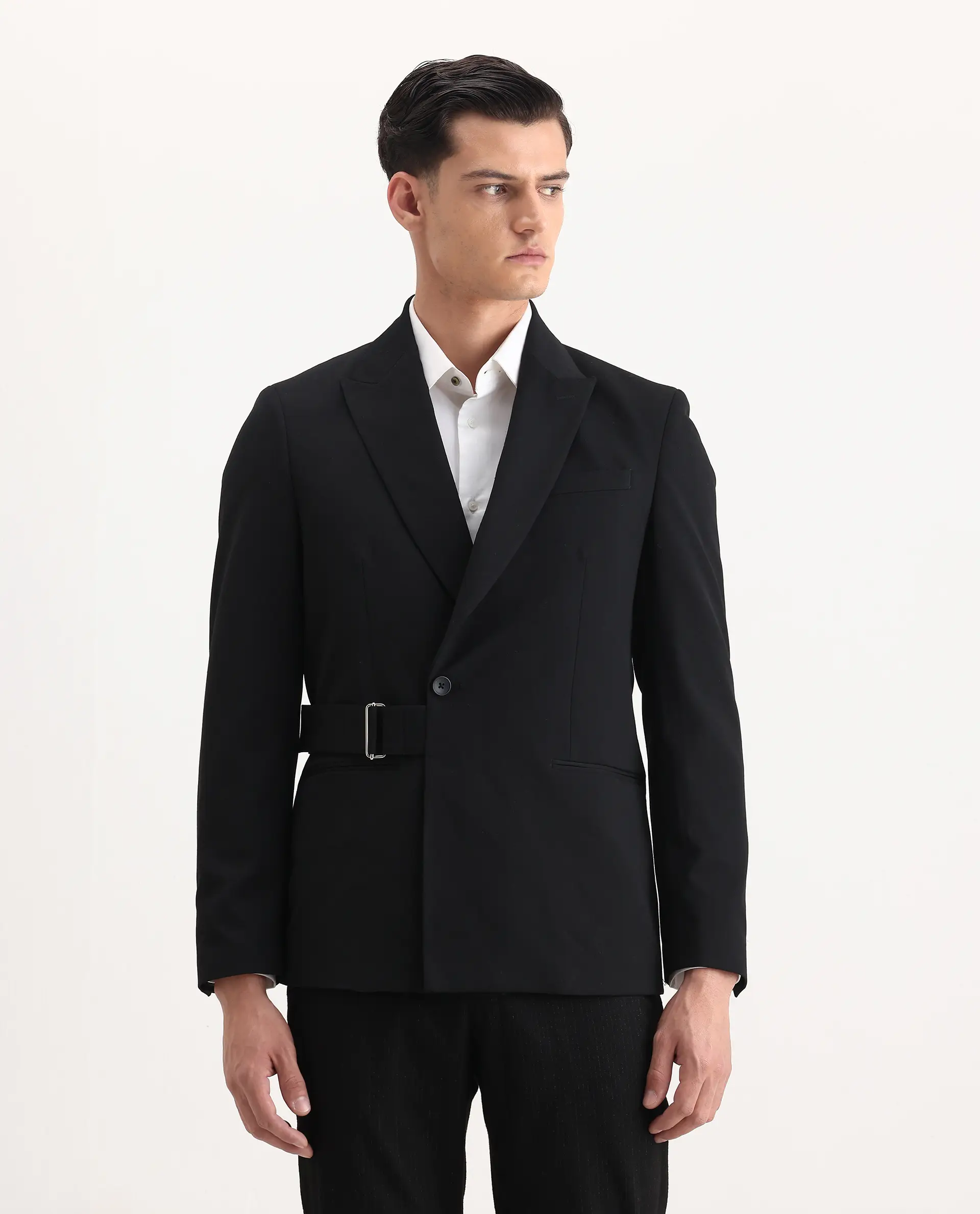 Rare Rabbit Men's Arcade Black Polyester Blend Fabric Full Sleeve Lapel Neck Plain Blazer - Image 5